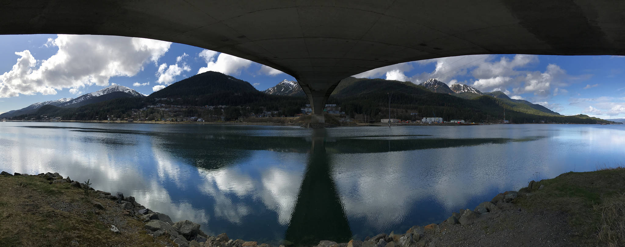 A panoramic of Douglas Island from underneath the Douglas Bridge on Monday, April 15, 2019. (Michael Penn | Juneau Empire)