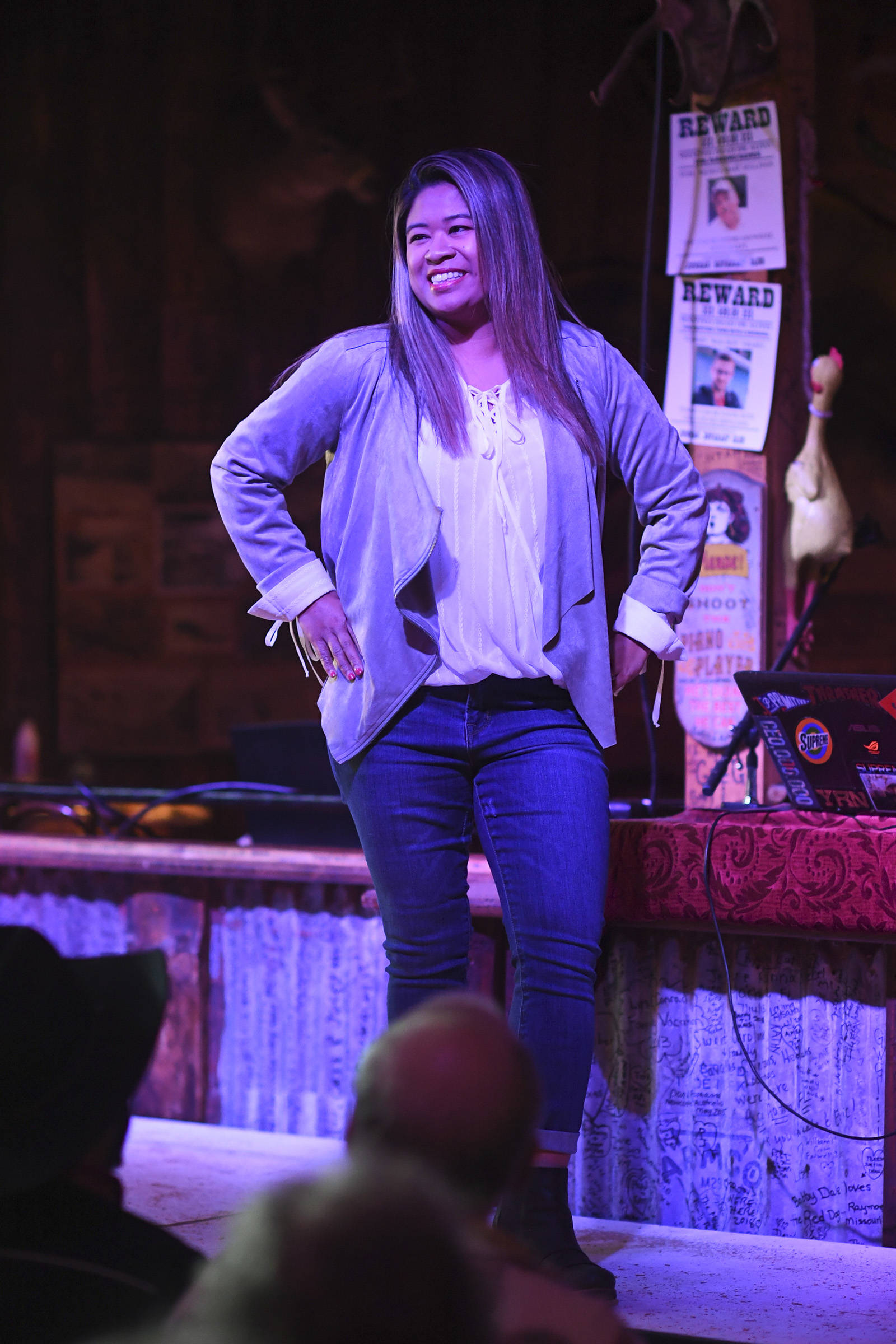 Women’s clothing from The Studio is modeled on stage during the Juneau Rotaract’s Wild West Roundup Fashion Show at the Red Dog Saloon on Saturday, April 27, 2019. (Michael Penn | Juneau Empire)