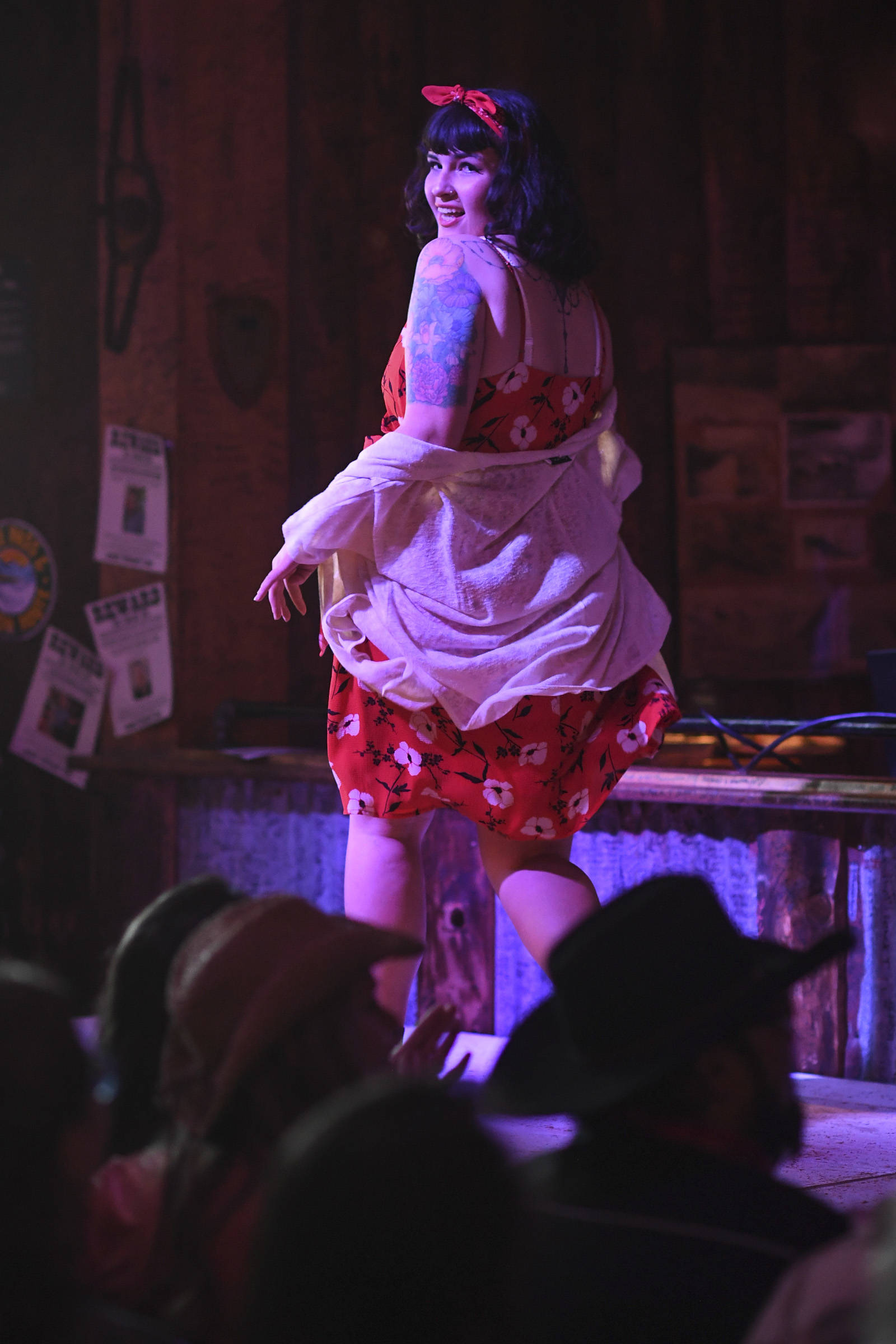 Women’s clothing from The Studio is modeled on stage during the Juneau Rotaract’s Wild West Roundup Fashion Show at the Red Dog Saloon on Saturday, April 27, 2019. (Michael Penn | Juneau Empire)