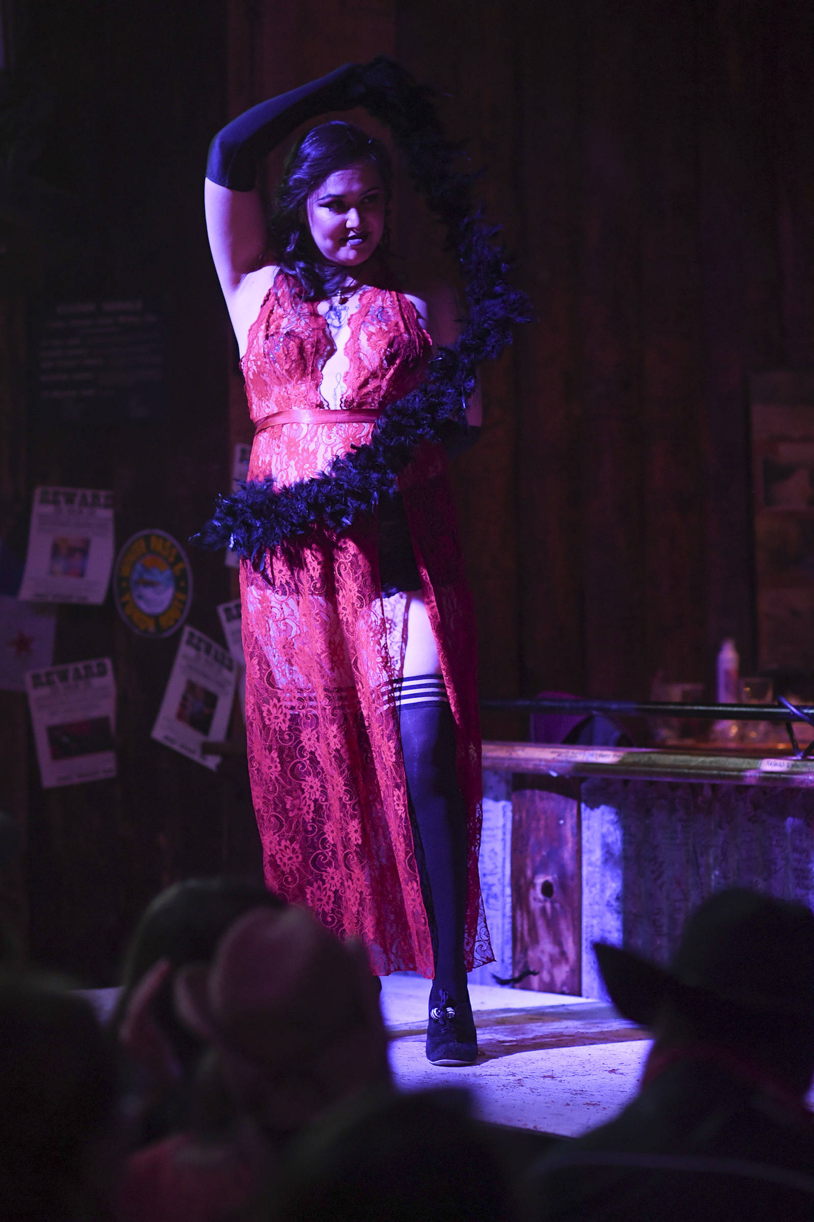 Women’s and men’s clothing from Freya Romance Boutique is modeled on stage during the Juneau Rotaract’s Wild West Roundup Fashion Show at the Red Dog Saloon on Saturday, April 27, 2019. (Michael Penn | Juneau Empire)