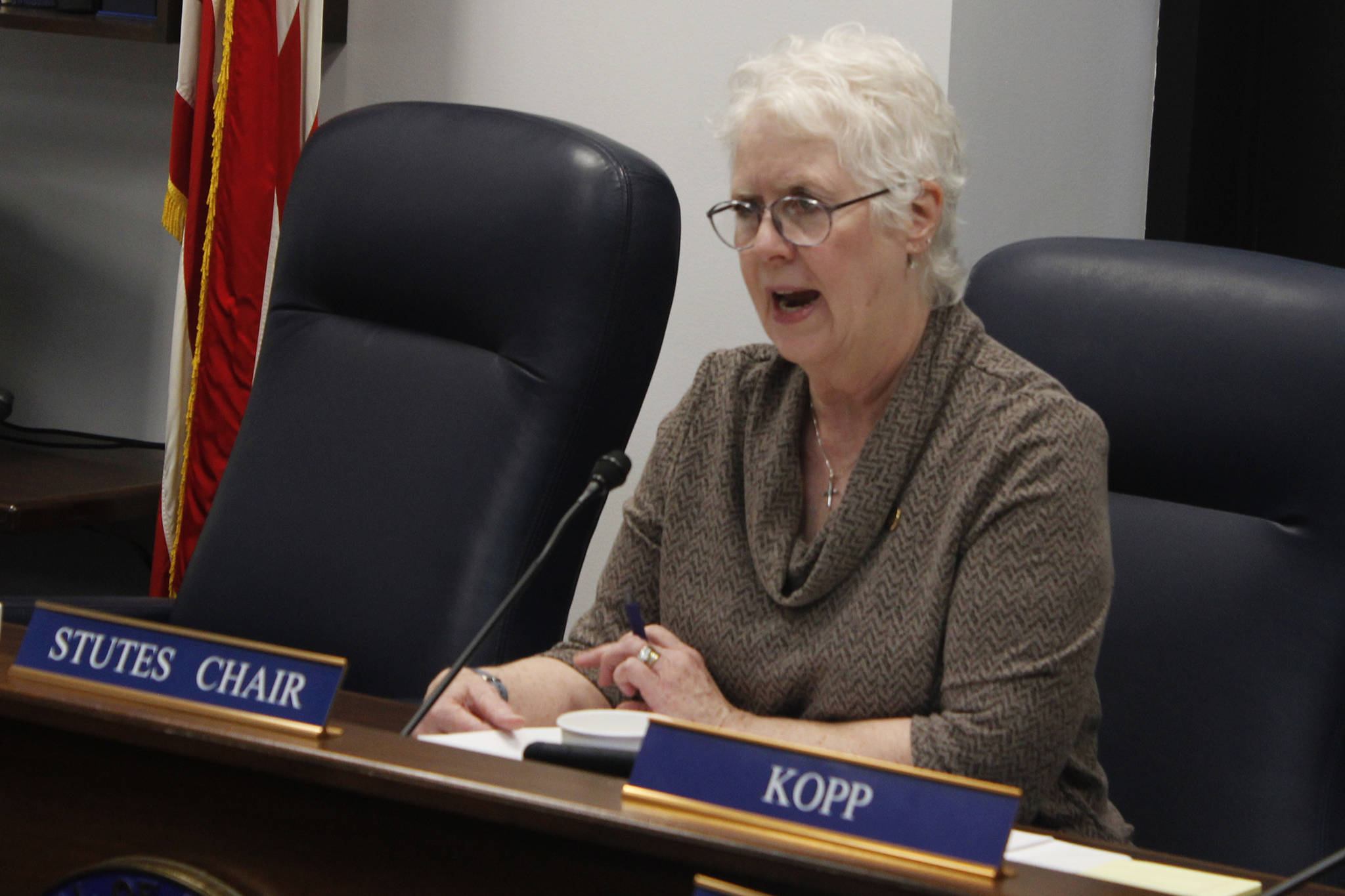 Rep. Louise Stutes, R-Kodiak and chair of the House Fisheries Committee, speaks during a meeting about transboundary mining on Tuesday, April 30, 2019. (Alex McCarthy | Juneau Empire)