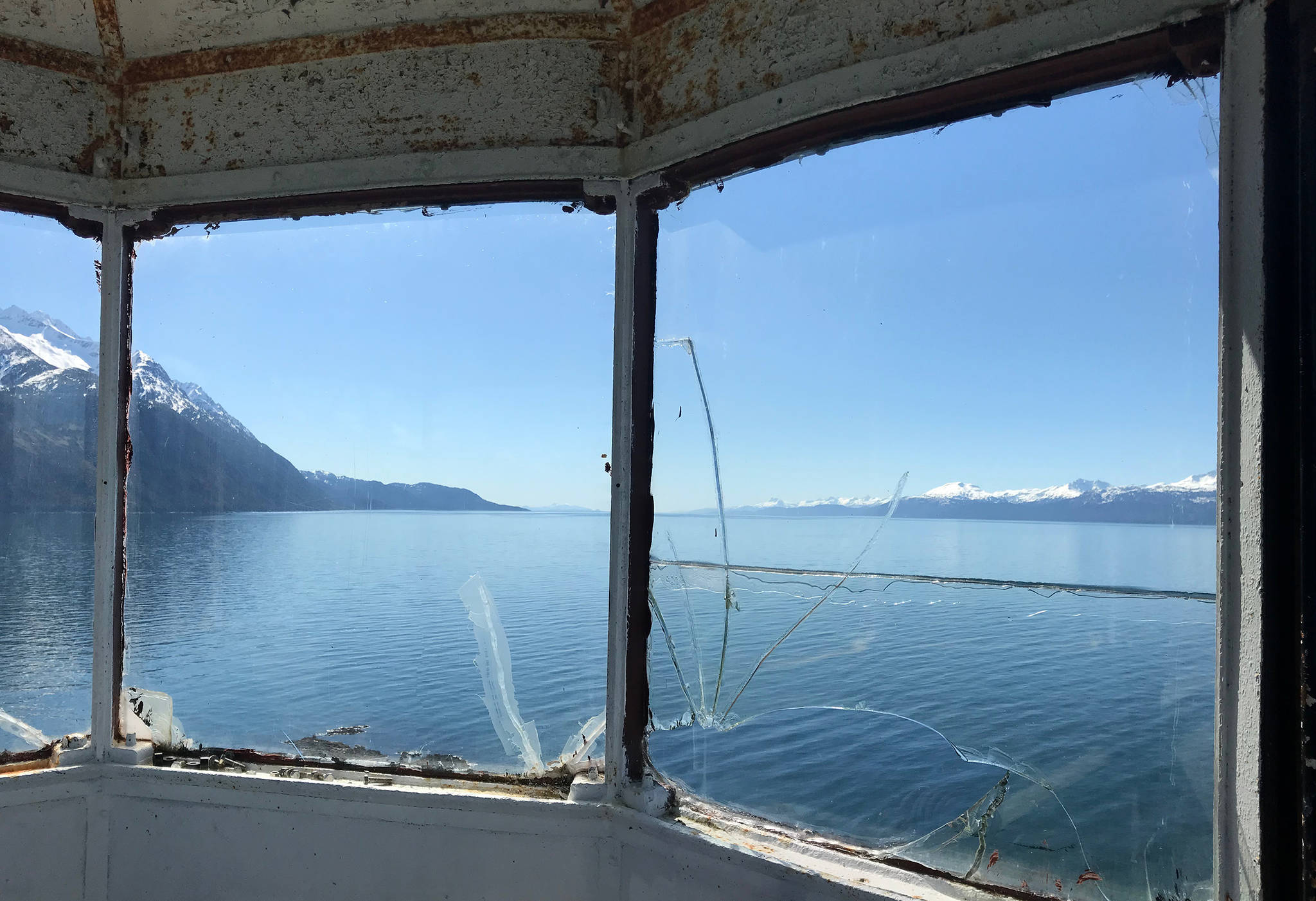 Cracks spread across the windows in the culpola at Eldred Rock Lighthouse on Monday, April 29, 2019. (Alex McCarthy | Juneau Empire)