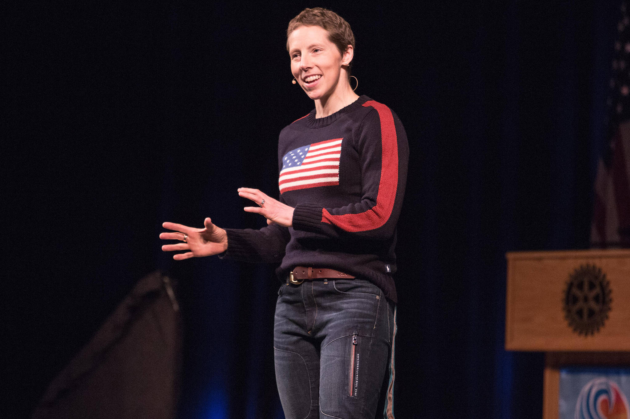 Kikkan Randall speaks at the 27th annual Pillars of America Speaker Series at Centennial Hall on Wednesday, May 1, 2019. (Courtesy Photo | Heather Holt)