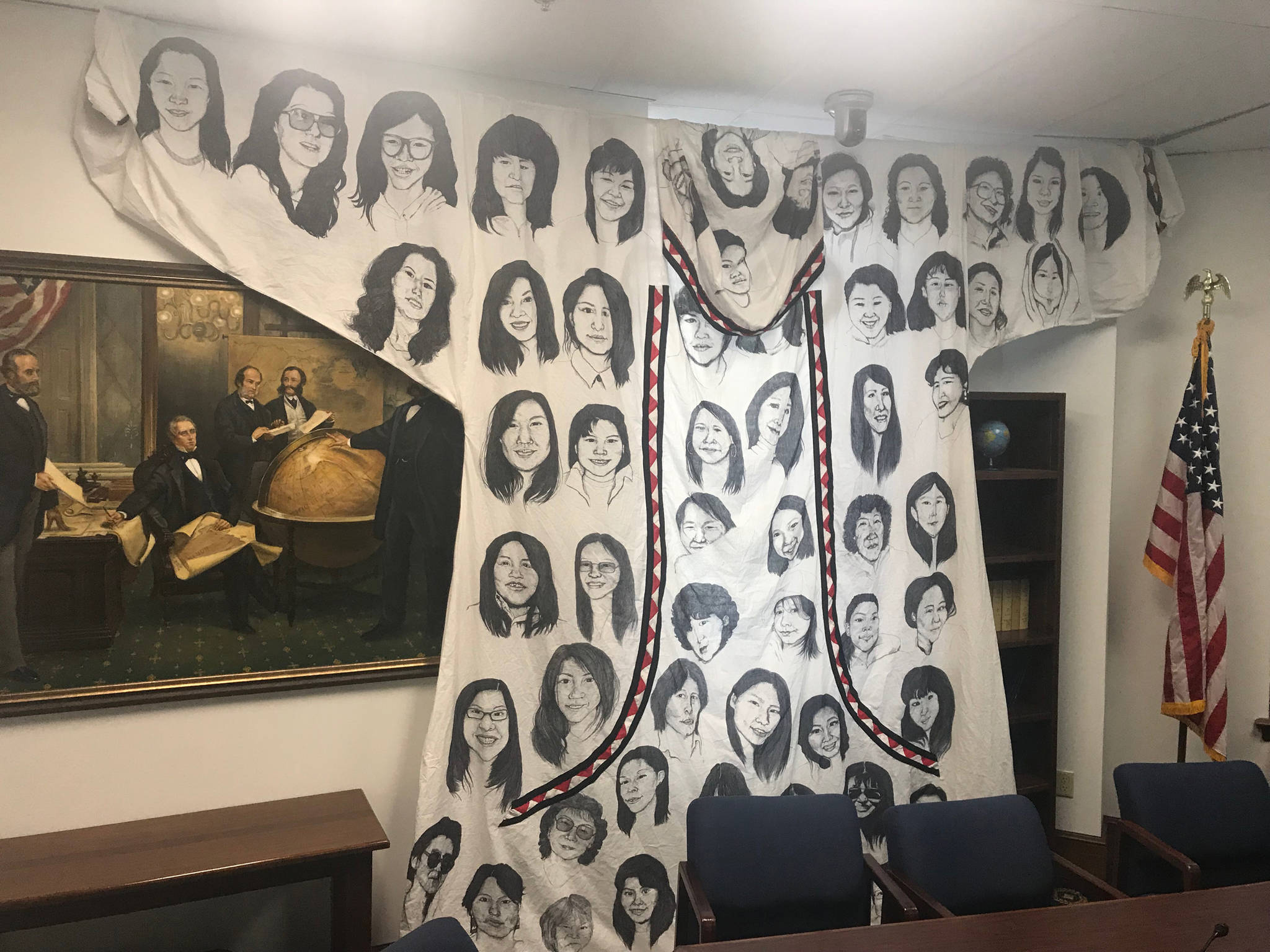 Amber Webb’s qaspeq hangs in room 106 of the Alaska State Capitol on Wednesday, May 1, 2019. (Alex McCarthy | Juneau Empire)