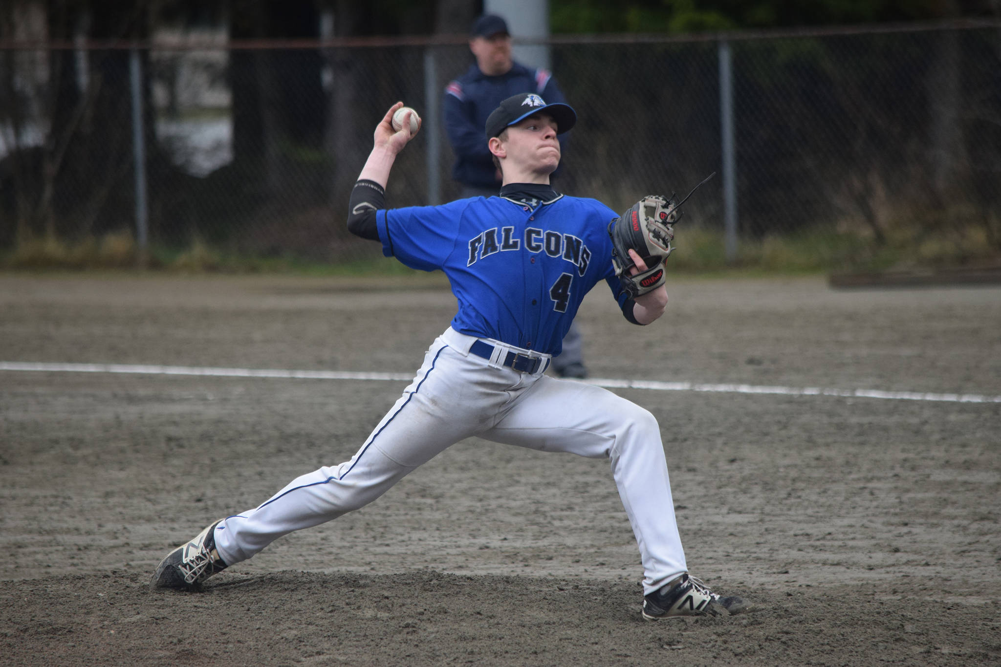 Thunder Mountain High School junior Chase Foster pitches in the top of the seventh inning of a Southeast Conference baseball game on Friday, May 3, 2019. (Nolin Ainsworth | Juneau Empire)