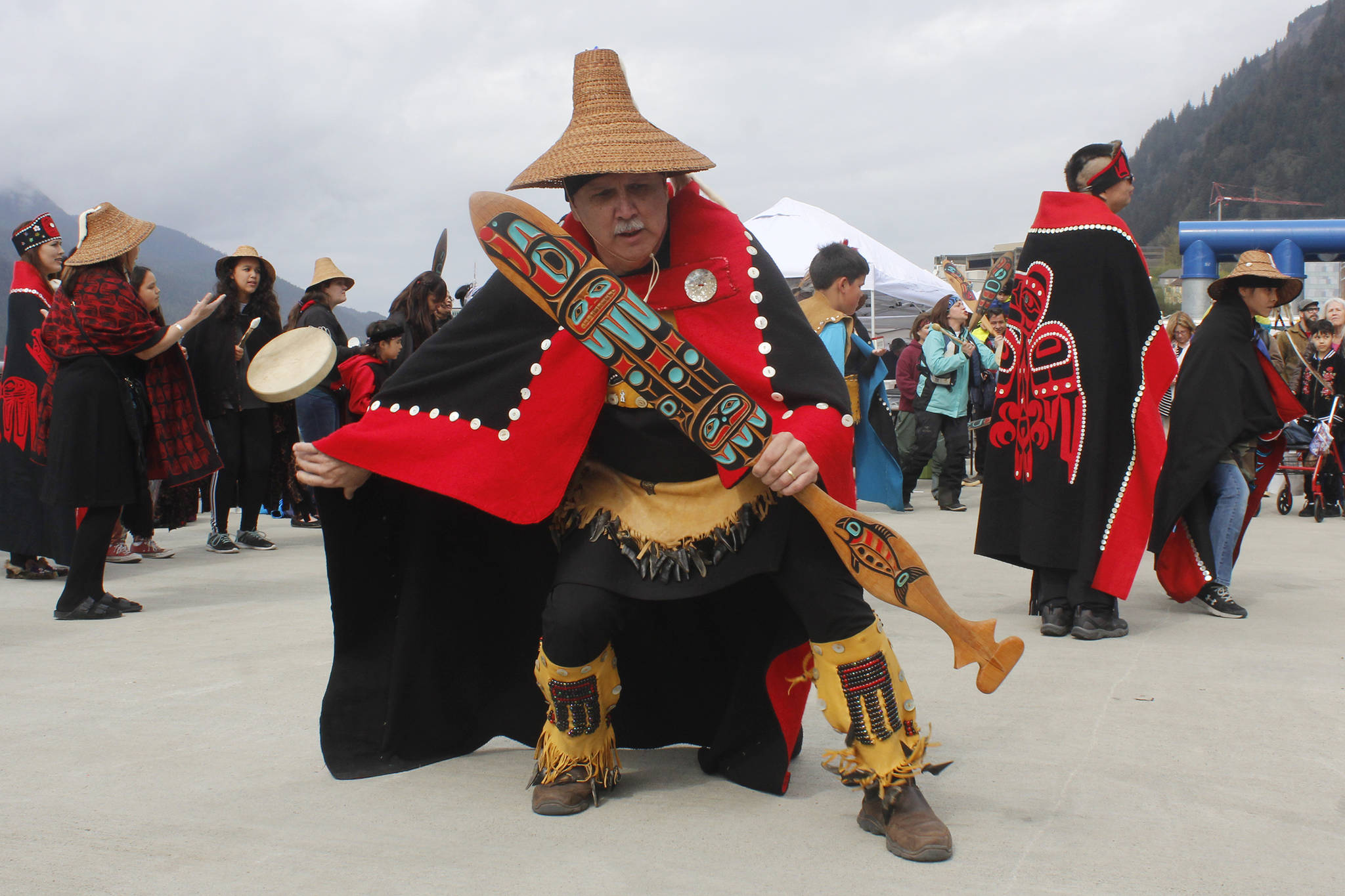 Jim Hoff (Shaa Tlein) dances with Yees Koo.oo at the Juneau Maritime Festival on Saturday, May 4, 2019. (Alex McCarthy | Juneau Empire)