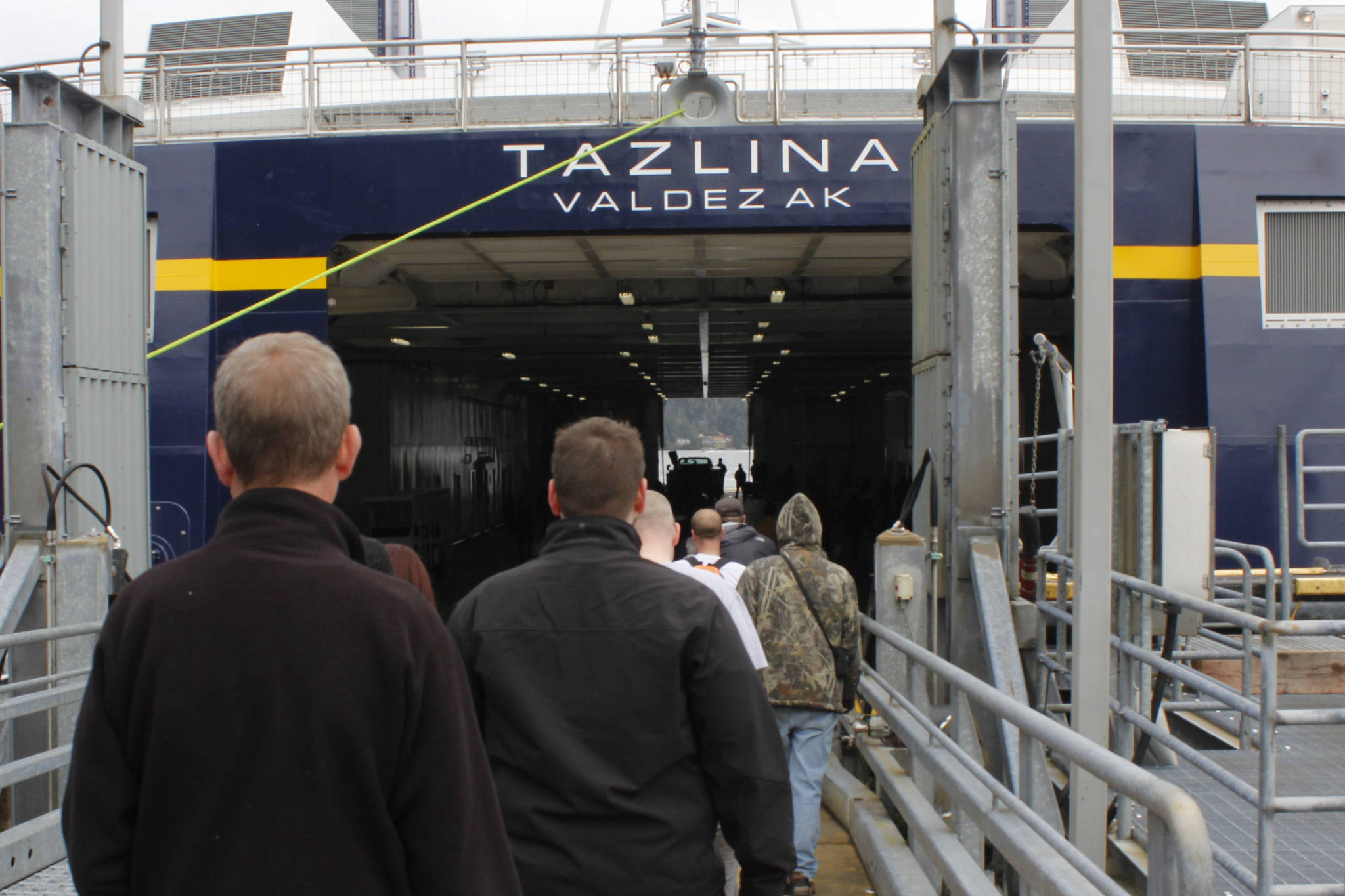 Members of the public walk onto the ferry Tazlina on Sunday, May 5, 2019. (Alex McCarthy | Juneau Empire)