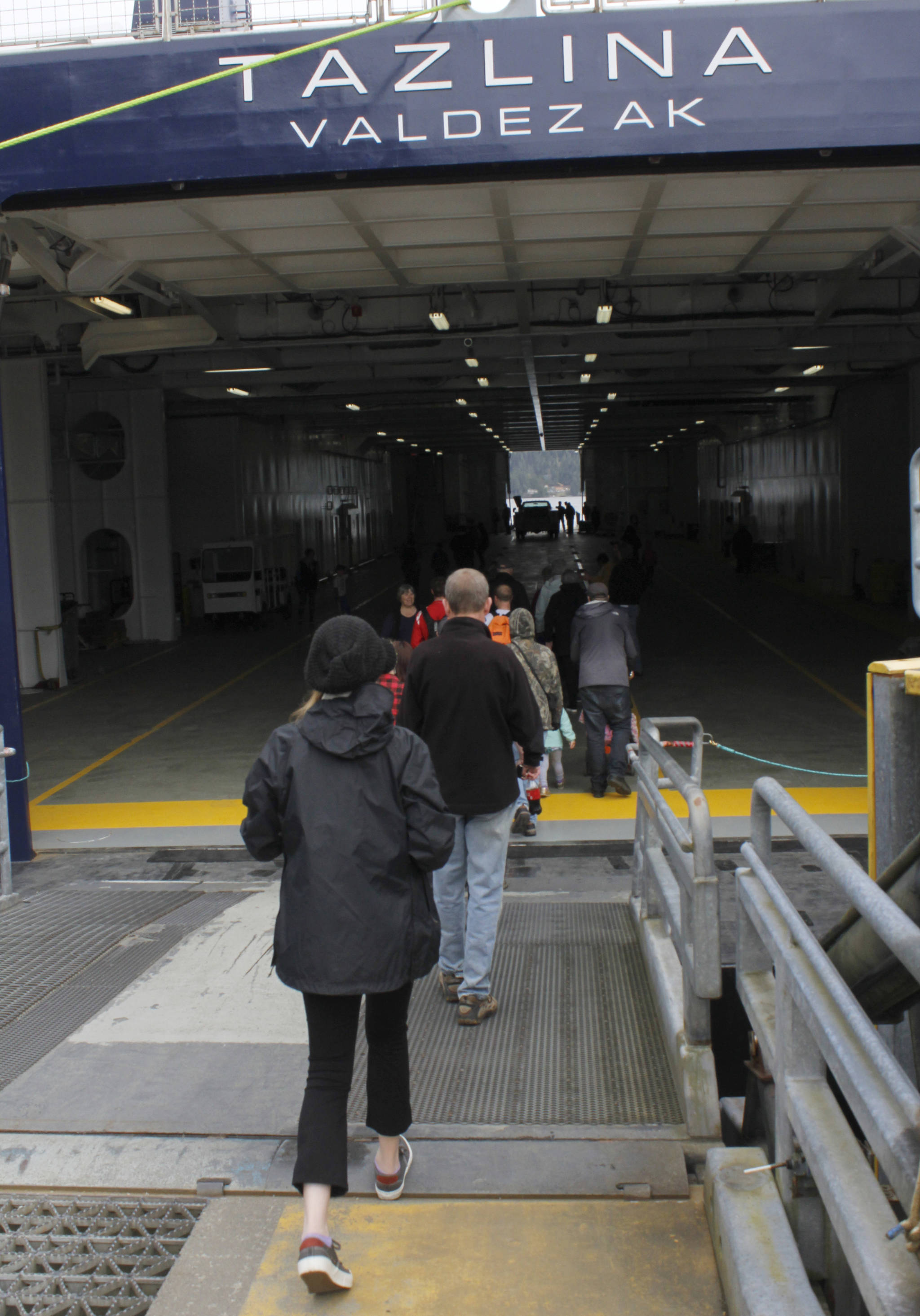 Members of the public walk onto the ferry Tazlina on Sunday, May 5, 2019. (Alex McCarthy | Juneau Empire)