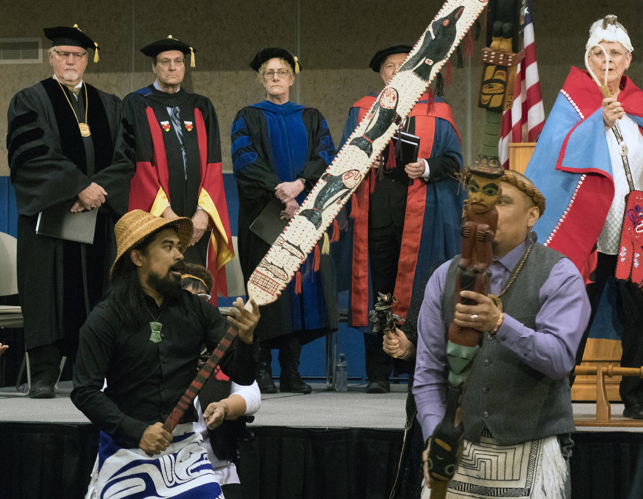 Mt. Juneau Tlingit and Woosh.ji.een dancers complete the academic procession which started the University of Alaska Southeast commencement ceremony Sunday, May 5, 2019. (Erin Laughlin | For the Juneau Empire)