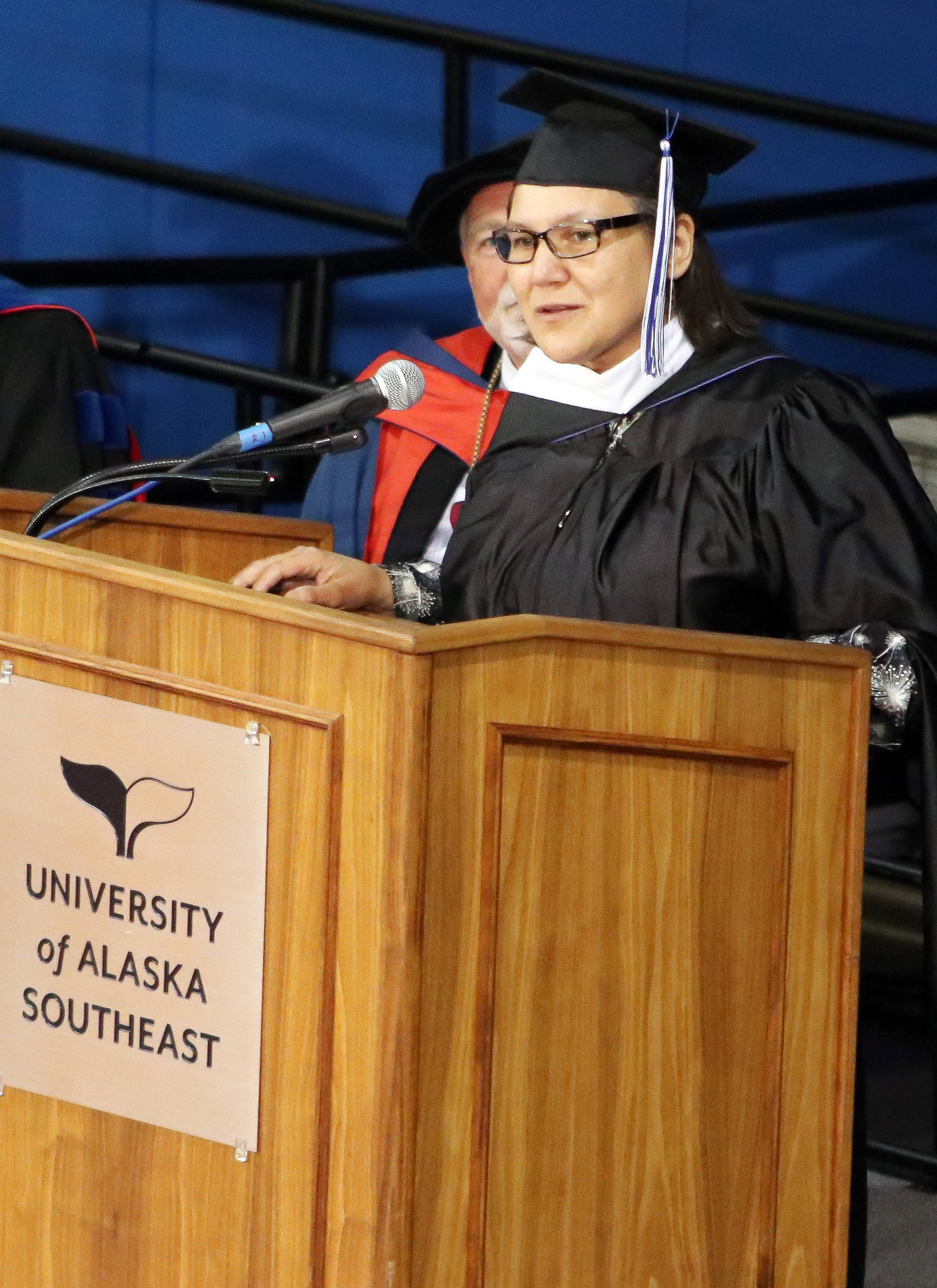 Commencement speaker Valerie Nurr’araaluk Davidson speaks during the University of Alaska Southeast commencement ceremony on Sunday, May 5, 2019. (Erin Laughlin | For the Juneau Empire)