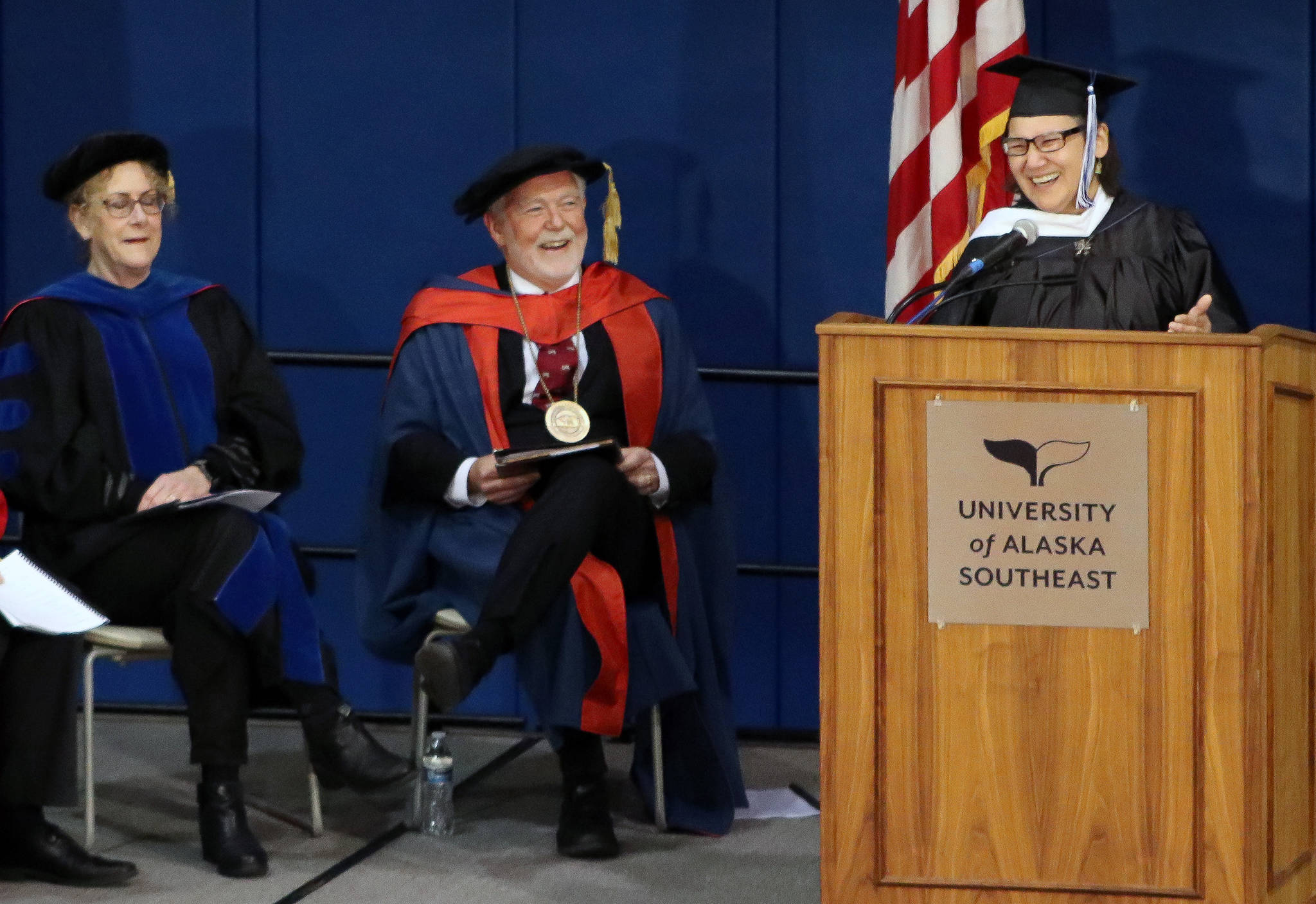 Commencement speaker Valerie Nurr’araaluk Davidson speaks during the University of Alaska Southeast commencement ceremony on Sunday, May 5, 2019. (Erin Laughlin | For the Juneau Empire)