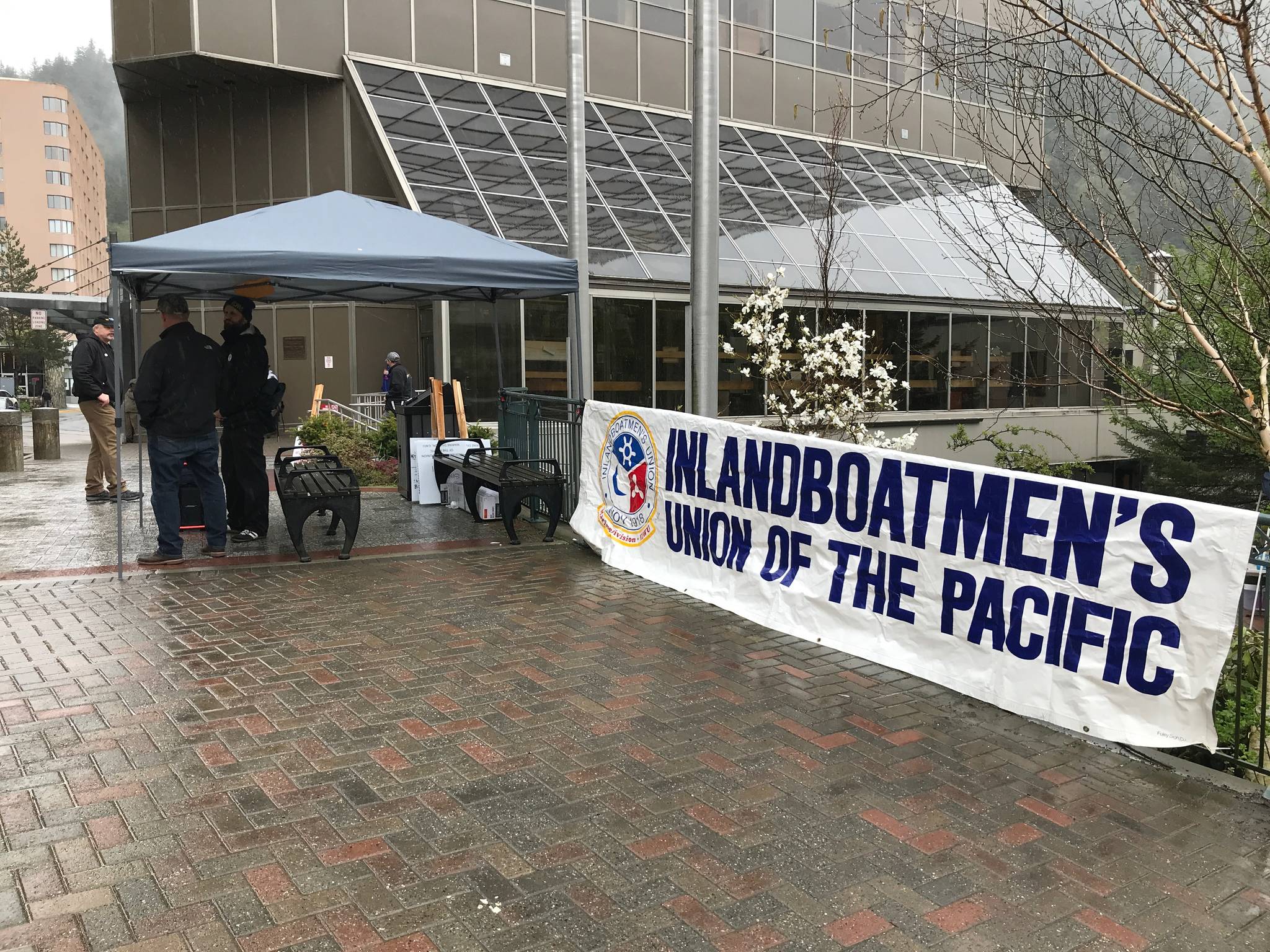 Members working for the Alaska Marine Highway System prepare for a SOS Rally at the Capitol on Tuesday, May 7, 2019. (Michael Penn | Juneau Empire)