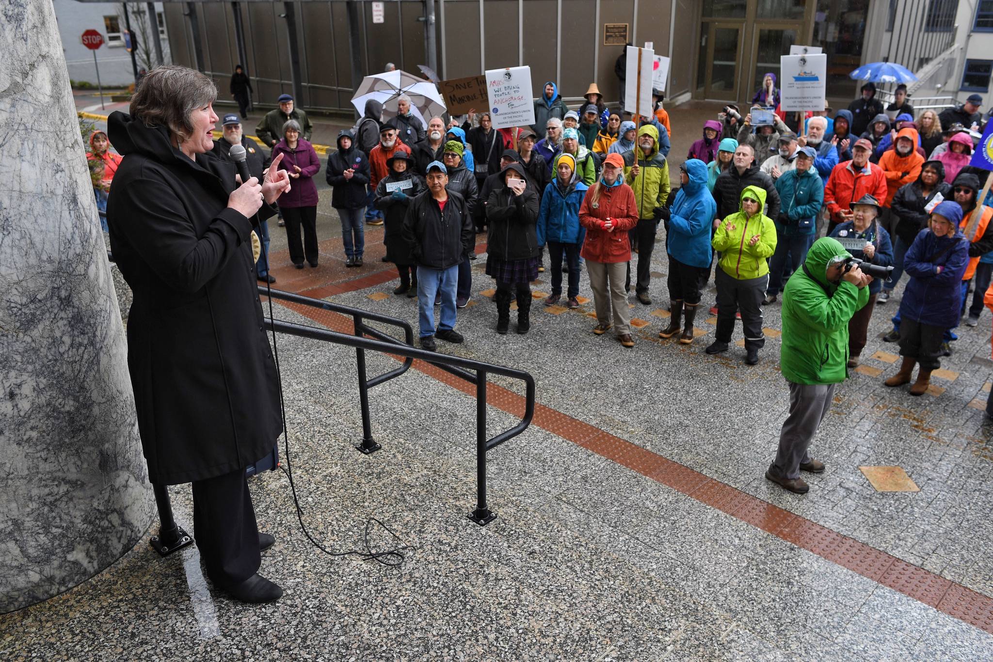 Rep. Sara Hannan, D-Juneau, speaks in favor of the Alaska Marine Highway System during a SOS Rally at the Capitol on Tuesday, May 7, 2019. (Michael Penn | Juneau Empire)