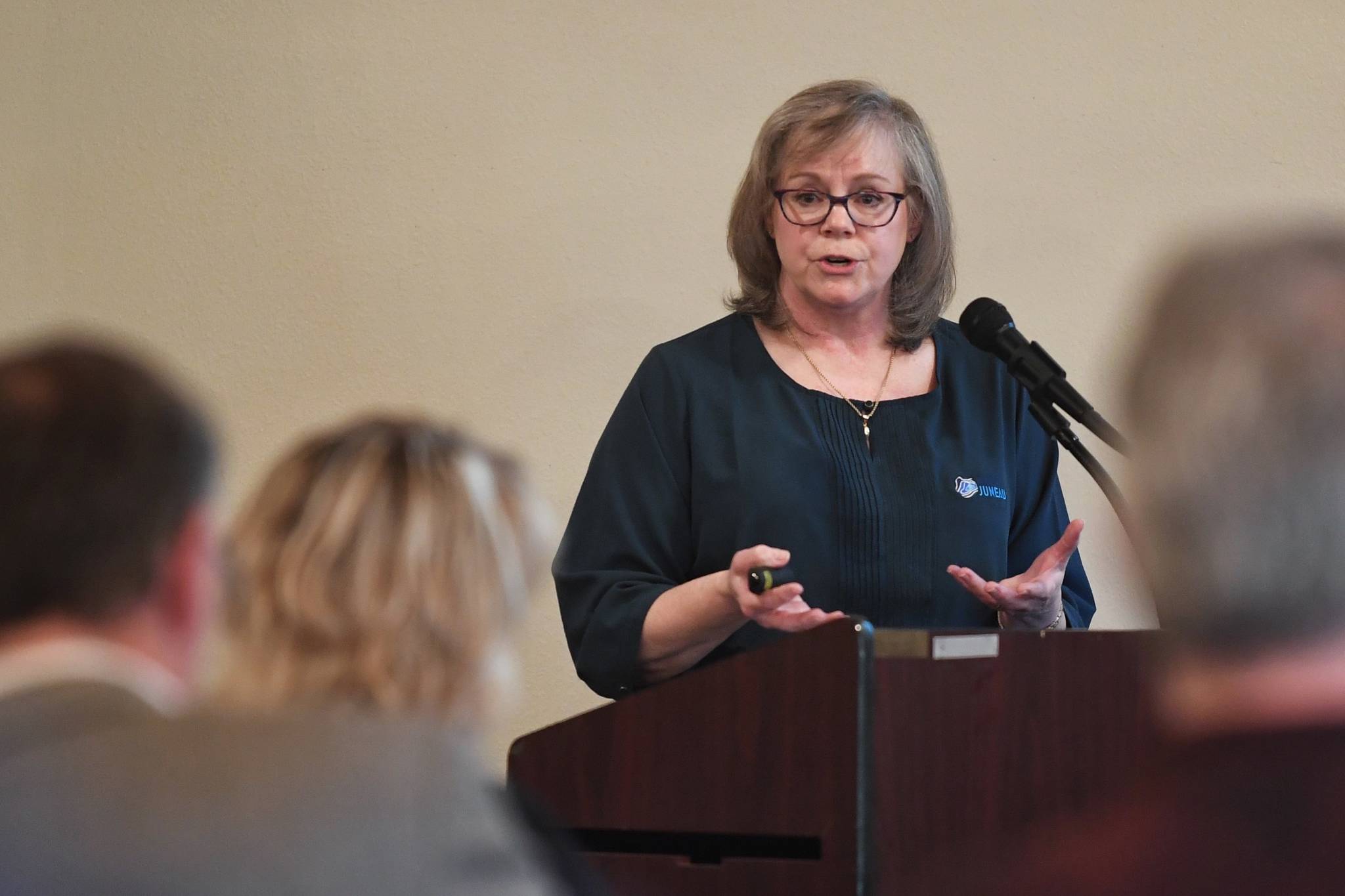 Liz Perry, President and CEO of Travel Juneau, speaks to the Greater Juneau Chamber of Commerce during its weekly luncheon at the Moose Lodge on Thursday, May 9, 2019. (Michael Penn | Juneau Empire)