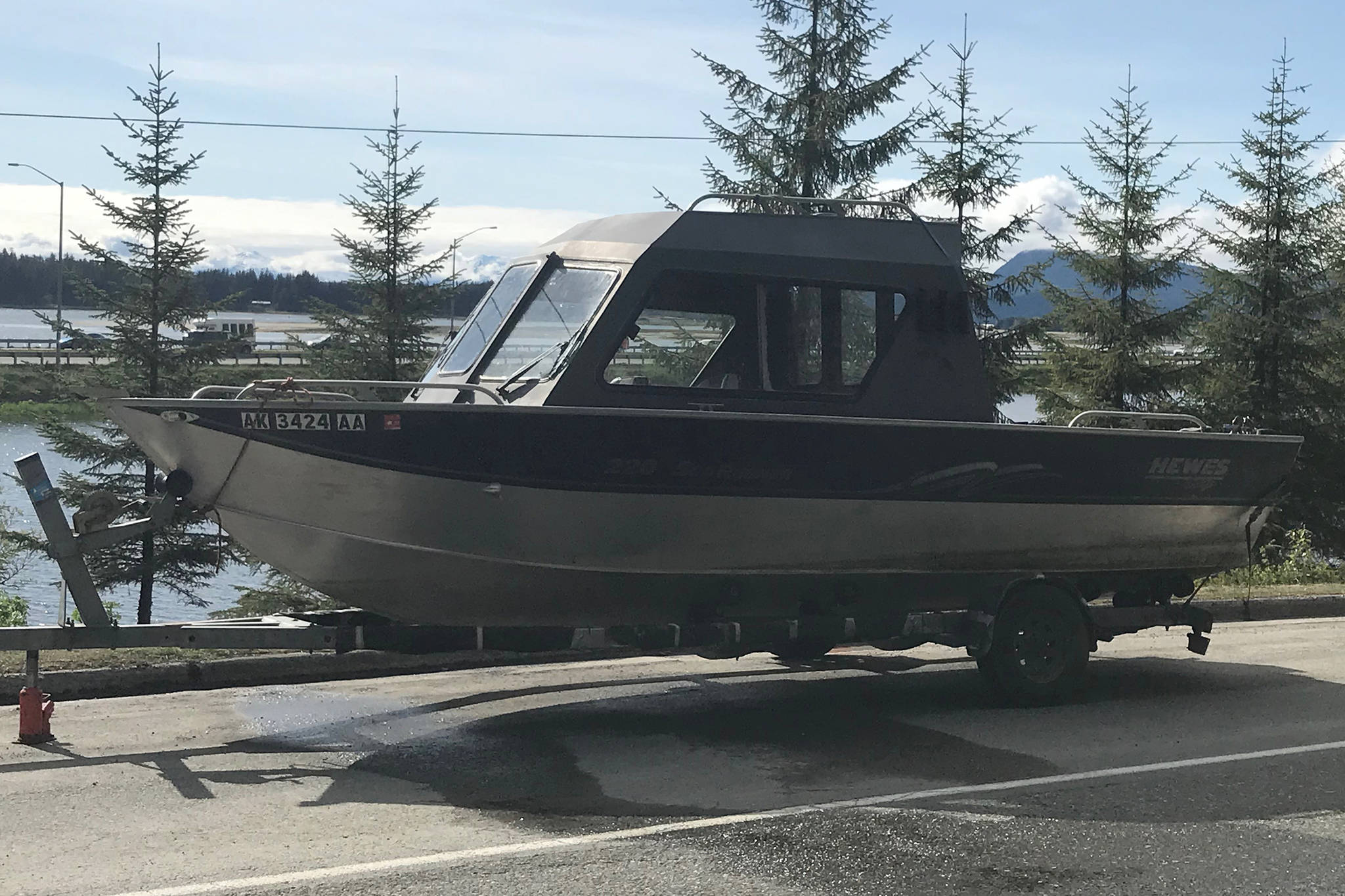 Eric Torgerson’s boat is pictured on Glacier Highway on Thursday, May 9, 2019. The boat was stolen this week, and the investigation into the theft is ongoing. (Alex McCarthy | Juneau Empire)