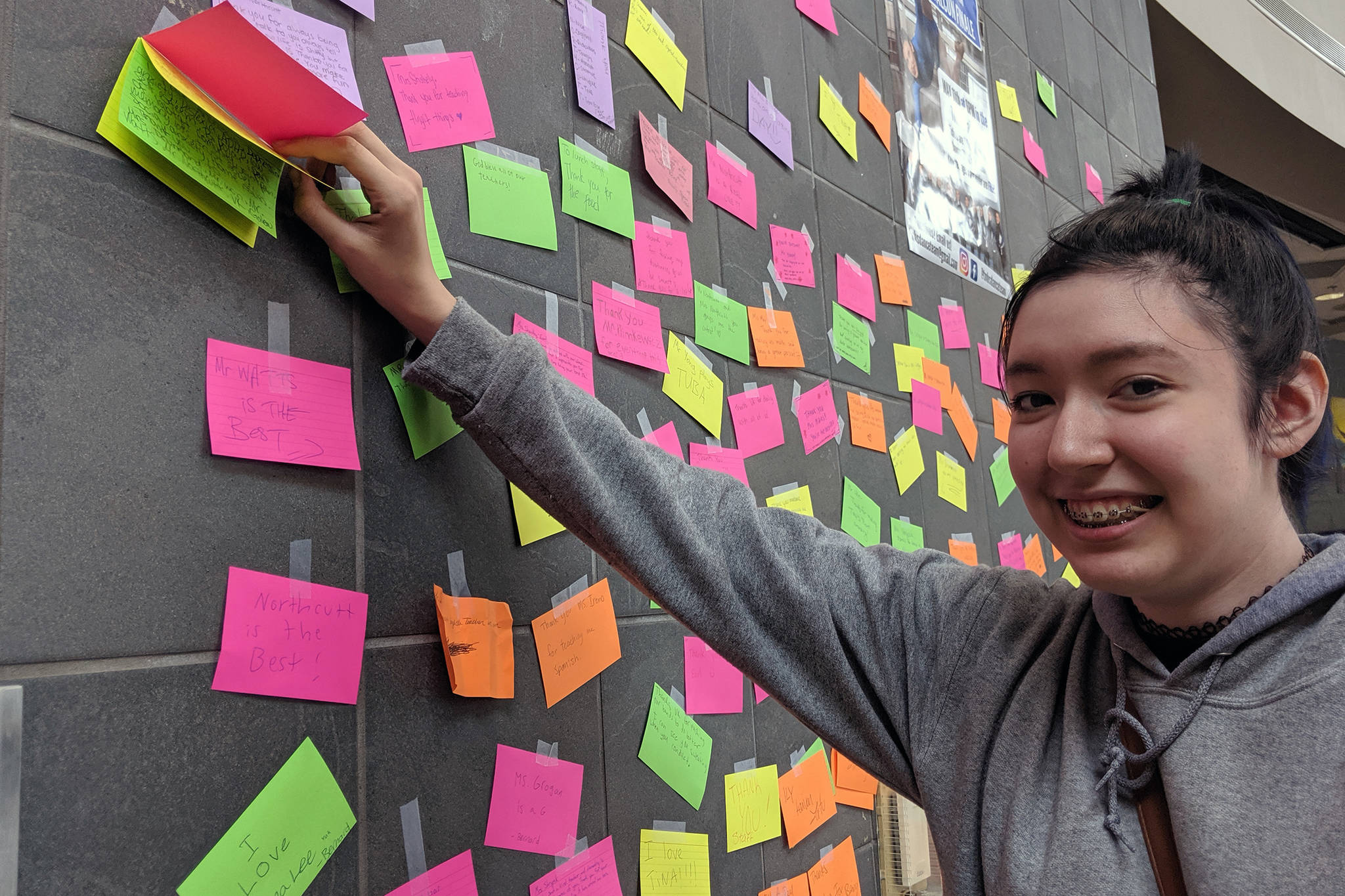Dawn Meacock points out a multi-note thank you she wrote to teachers for Teacher and Staff Appreciation Week Friday, May 10, 2019. The Thunder Mountain High School sophomore wrote the note to teachers who helped her through a rough patch last year. (Ben Hohenstatt | Juneau Empire)