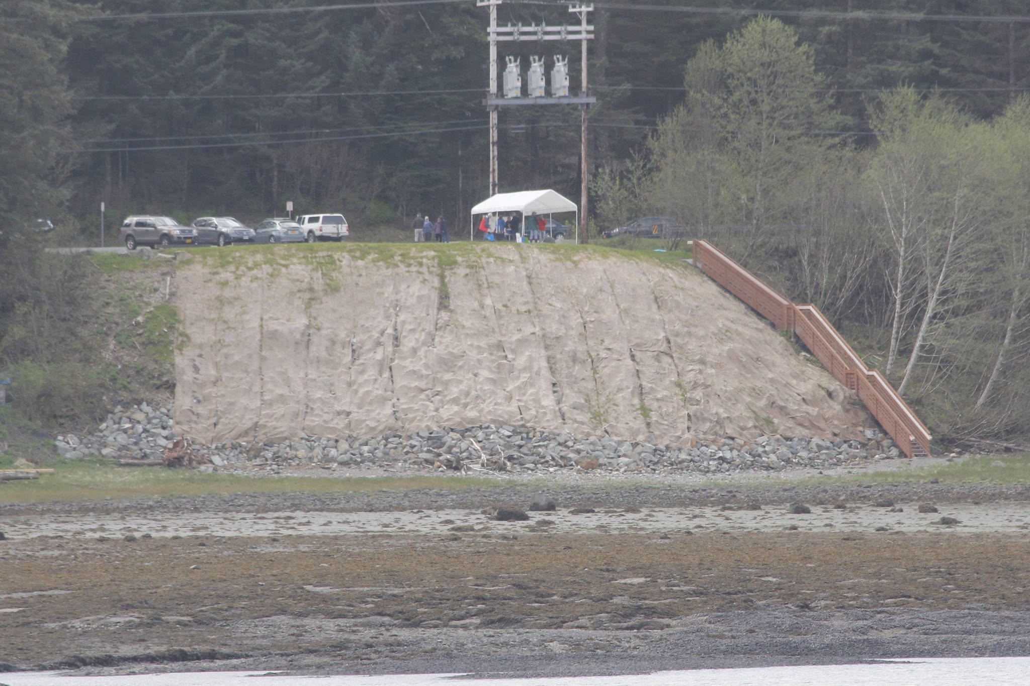 The newly opened Marjory and Edgar Huizer Fishing Access Site is pictured from across Gastineau Channel on Saturday, May 11, 2019. (Alex McCarthy | Juneau Empire)