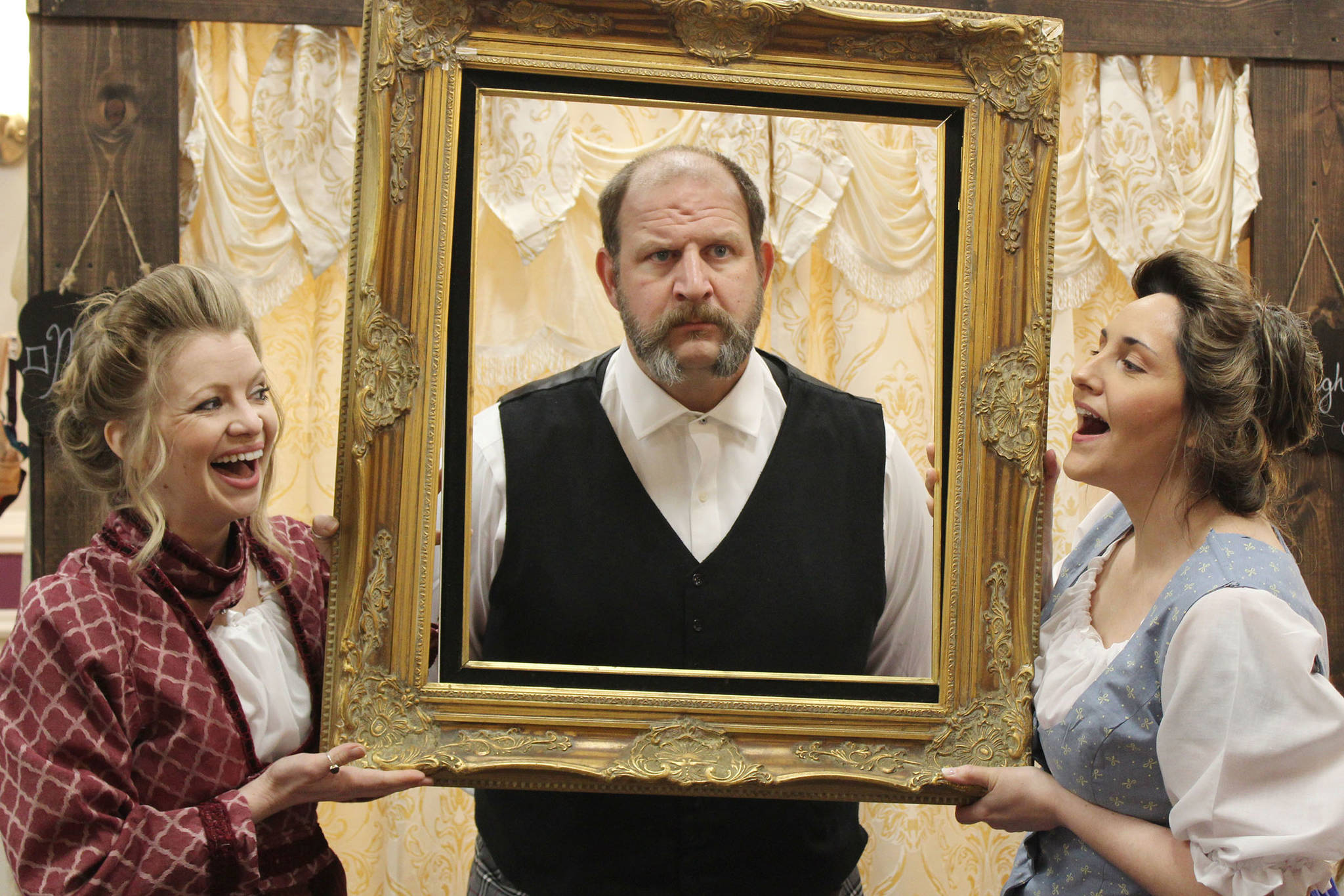 Kelly Gibson, Aaron T. Moore and Shadow Meienberg rehearse “The Underpants,” a farcical play written by Steve Martin ahead of its May 17 opening. (Courtesy Photo | Perseverance Theatre)
