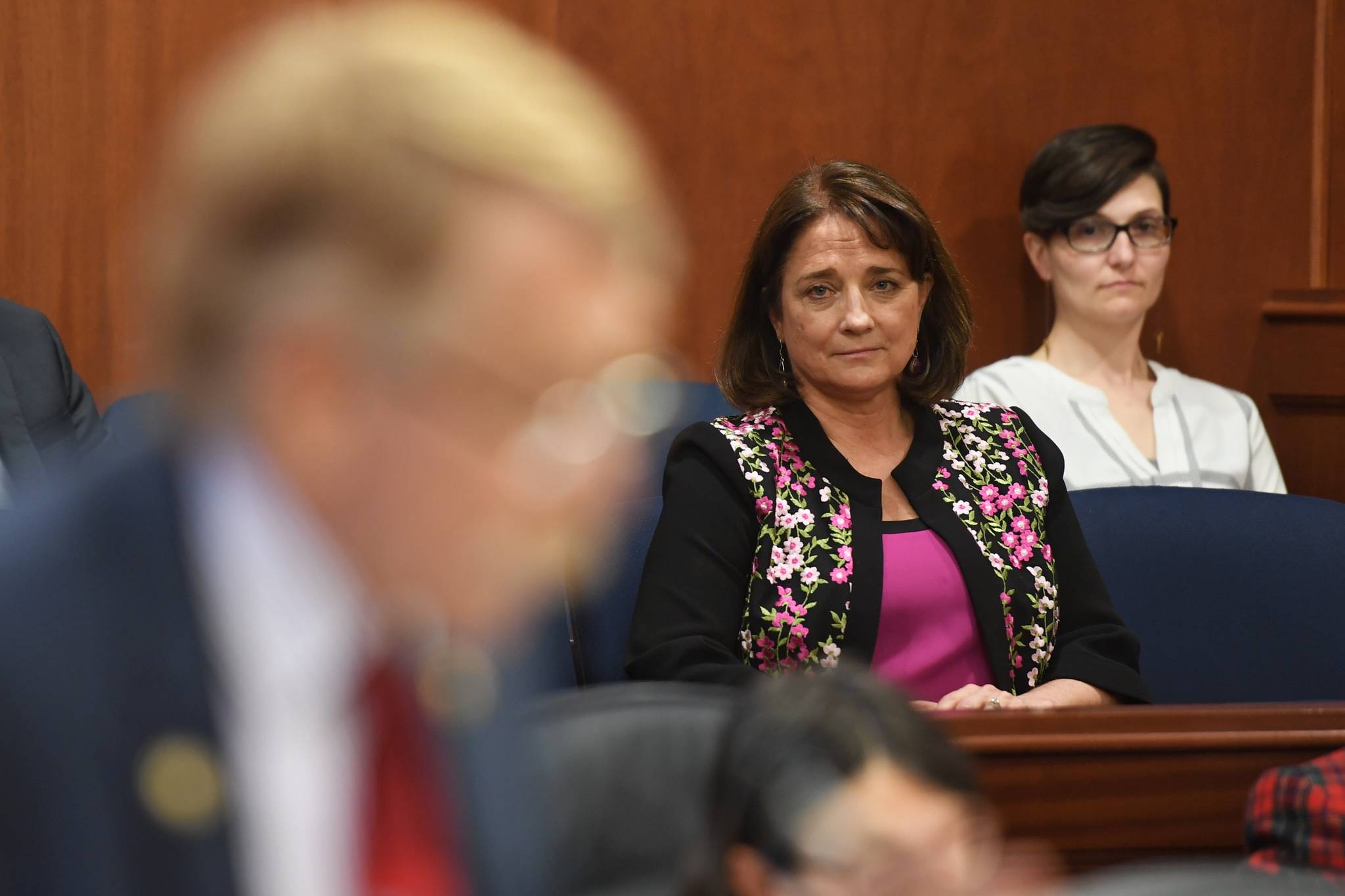 Sen. Lora Reinbold, R-Eagle River, listen from the House gallery, as representatives speak to concur with the senate crime bill at the Capitol on Tuesday, May 14, 2019. (Michael Penn | Juneau Empire)