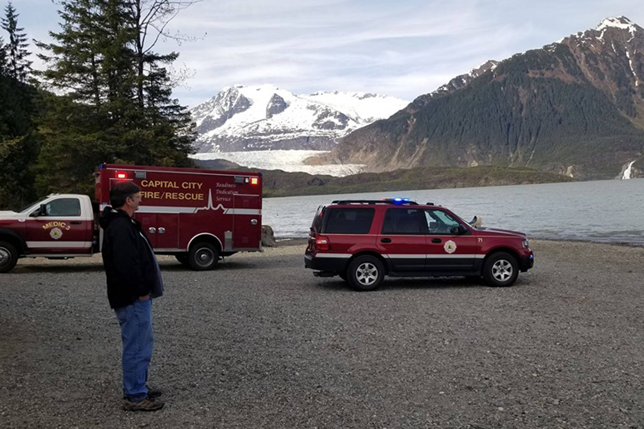 Capital City Fire/Rescue personnel await a kayaker who ended up in the water near the Mendenhall Glacier on Monday, May 13, 2019. (Courtesy photo | Capital City Fire/Rescue)