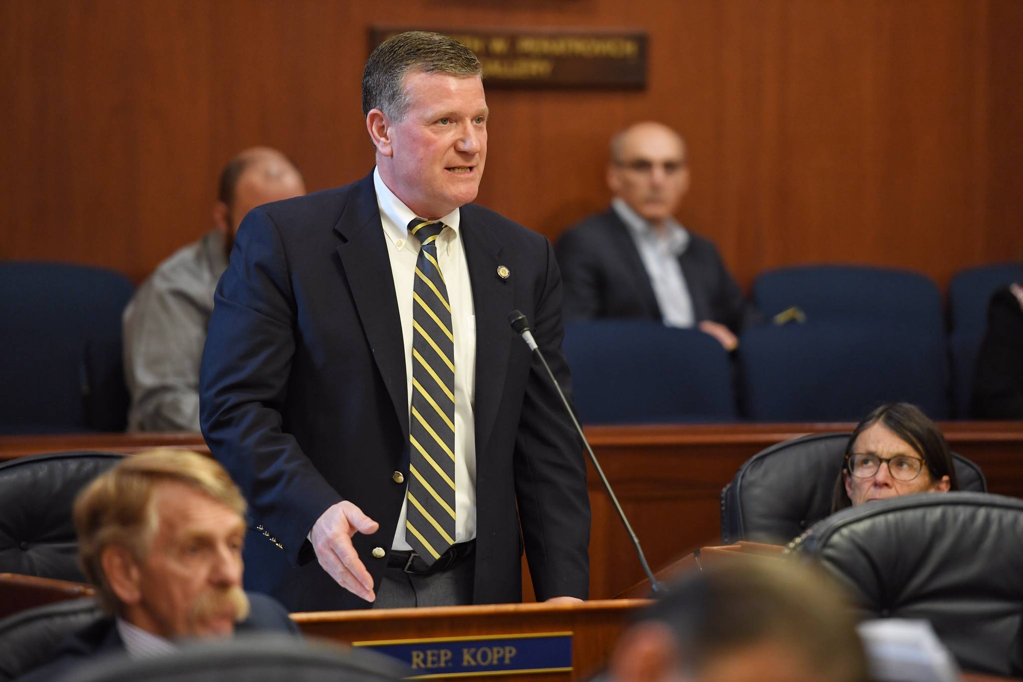 Rep. Chuck Kopp, R-Anchorage, speaks against concurring with the senate crime bill at the Capitol on Tuesday, May 14, 2019. (Michael Penn | Juneau Empire)