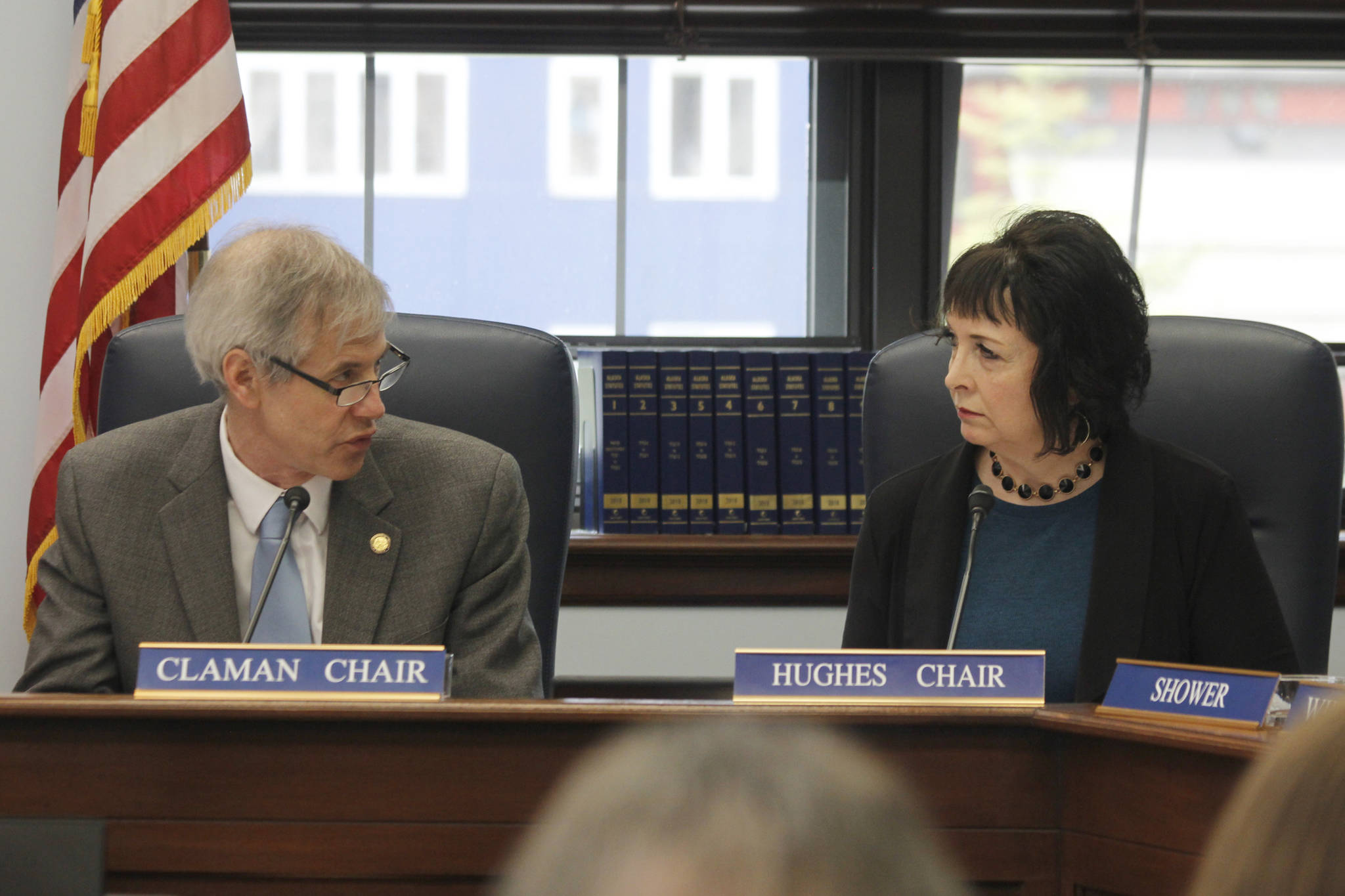 Rep. Matt Claman, D-Anchorage, and Sen. Shelley Hughes, R-Palmer, serve as the co-chairs of the Conference Committee on House Bill 49 on Thursday, May 16, 2019. (Alex McCarthy | Juneau Empire)