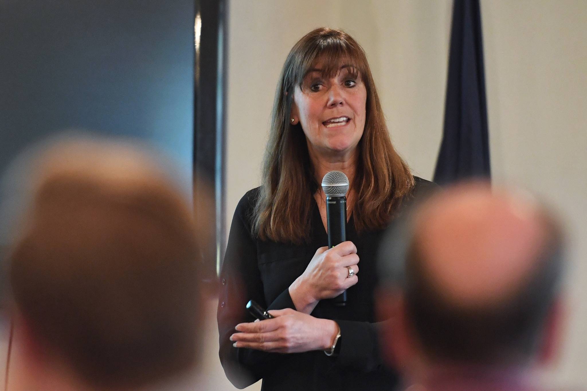 Bridget Weiss, Superintendent for the Juneau School District, speaks to the Juneau Chamber of Commerce during its weekly luncheon at the Moose Lodge on Thursday, May 16, 2019. (Michael Penn | Juneau Empire)