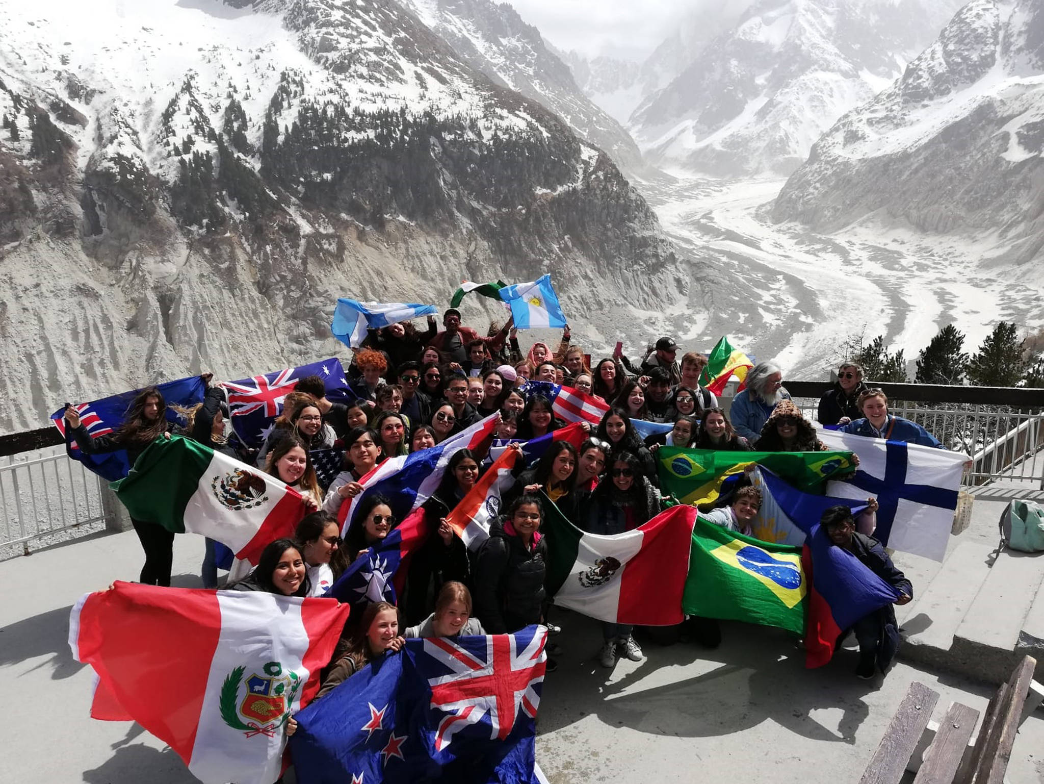 The entire Europe tour group from all over the world in Chamonix, France in April 2019. (Bridget McTague | For the Juneau Empire)