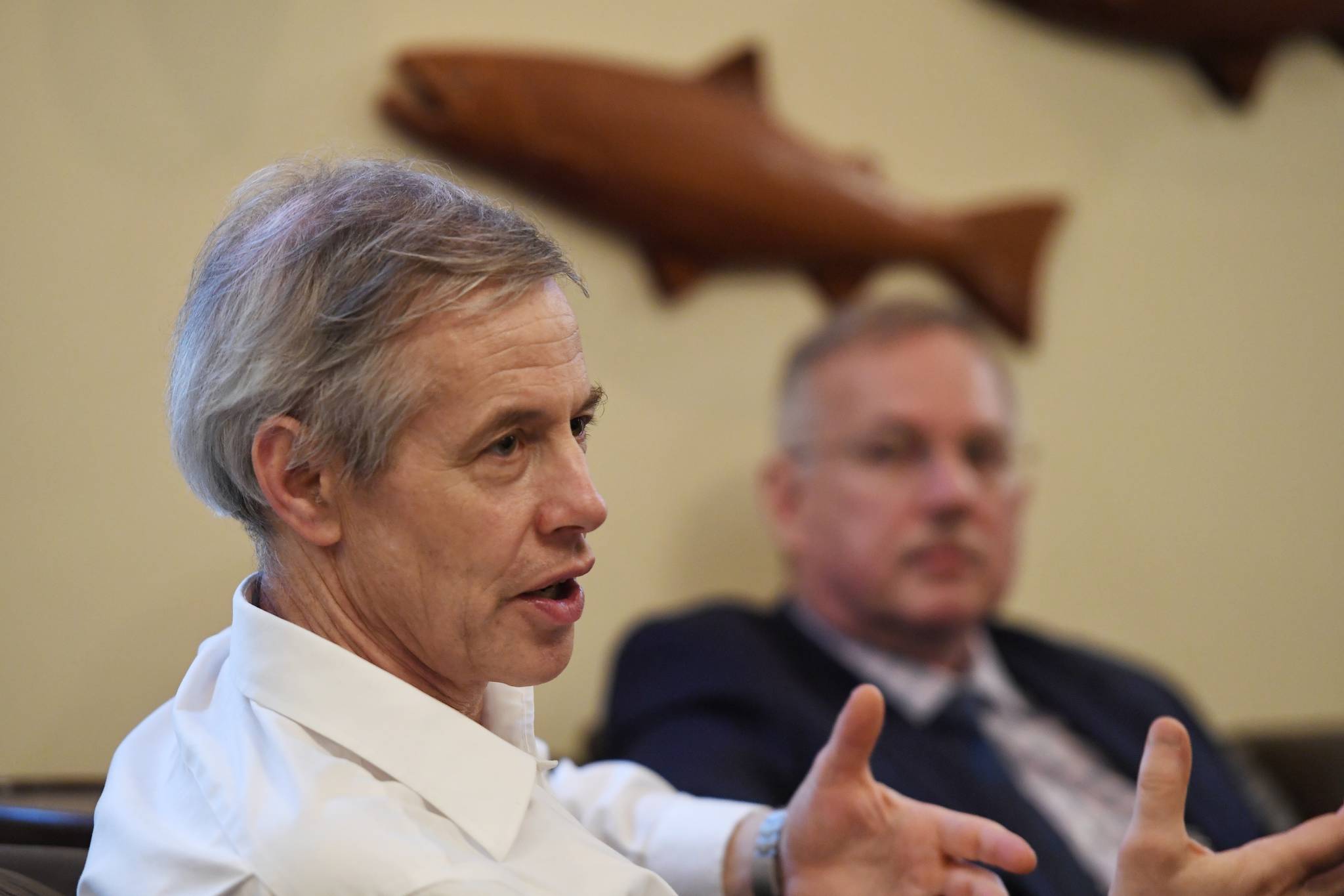 Rep. Matt Claman, D-Anchorage, left, speaks about the process of building a crime bill as Speaker of the House Bryce Edgmon, I-Dillingham, listens at the Capitol on Thursday, May 16, 2019. (Michael Penn | Juneau Empire)