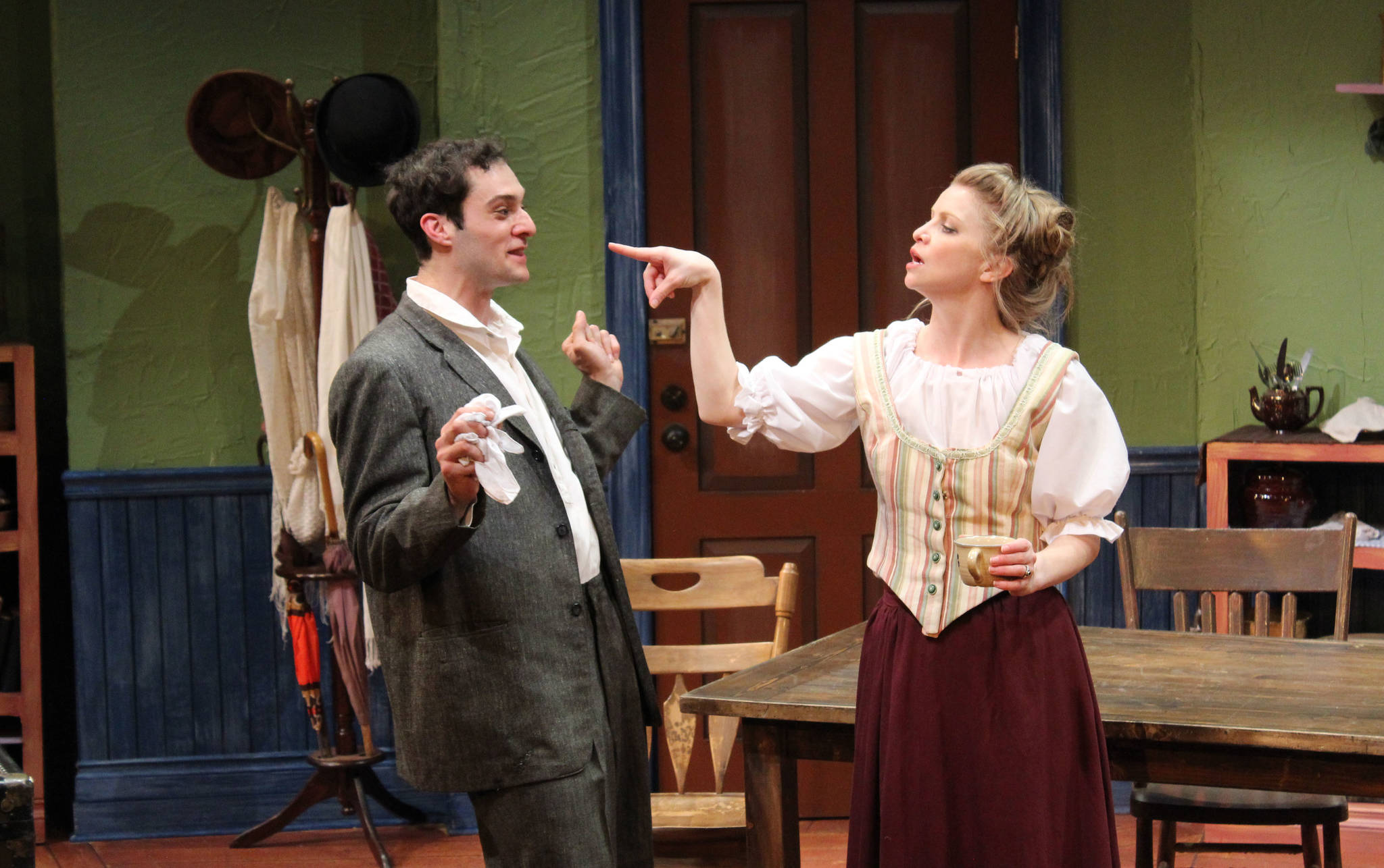 Benjamin Cohen (Evan Rothfeld) recoils from the object of his affection, Louise, during a heated exchange. Cohen wishes to rent a room from Louise after catching a glimpse of her underpants. (Courtesy Photo | Perseverance Theatre)