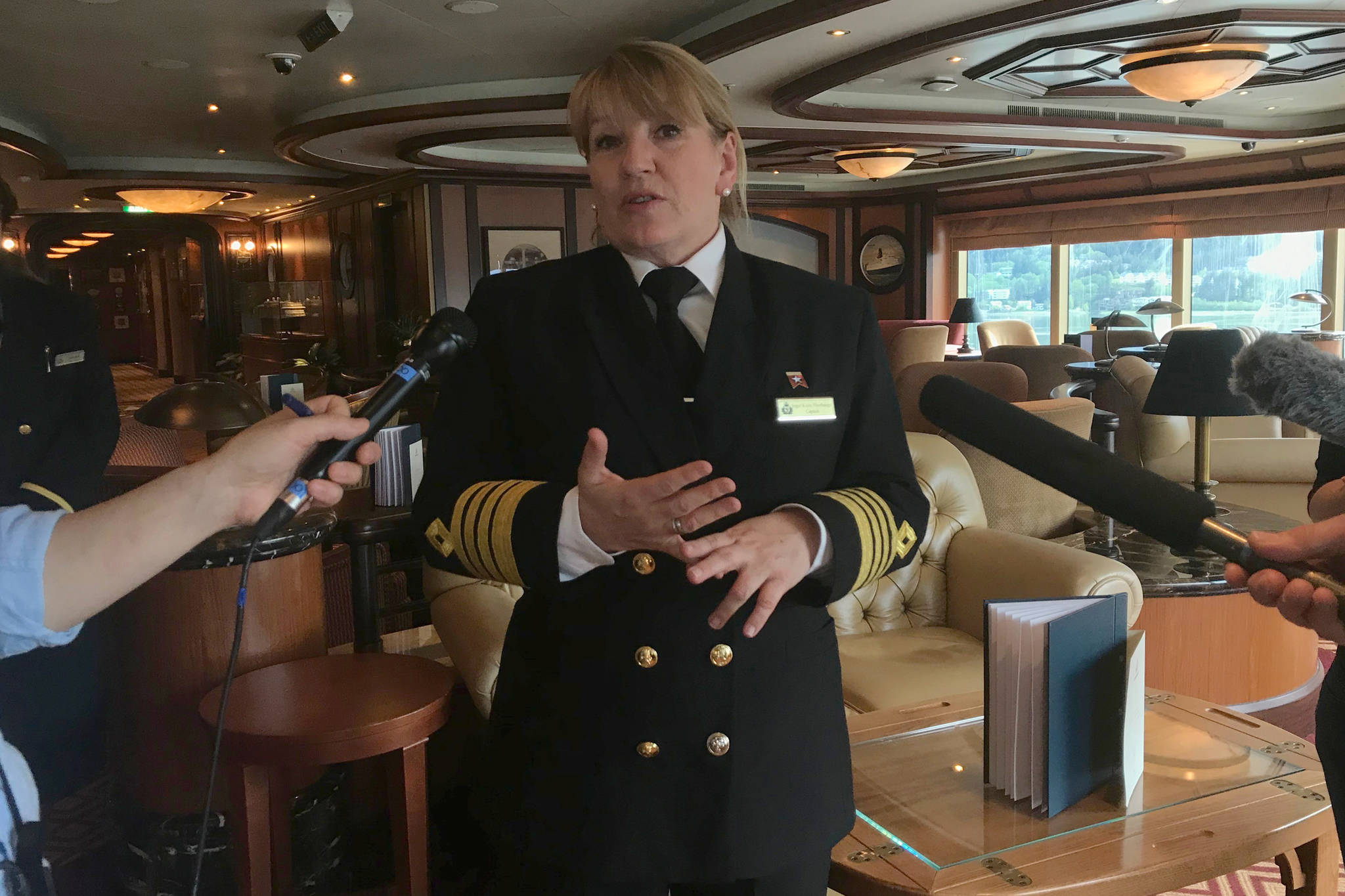 Captain Inger Klein Thorhauge speaks to reporters aboard Cunard’s Queen Elizabeth on Saturday, May 18, 2019. (Alex McCarthy | Juneau Empire)