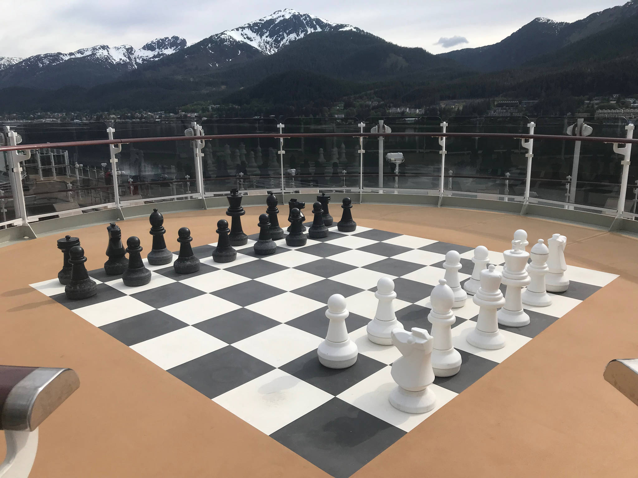 A chessboard sits atop Cunard’s Queen Elizabeth on Saturday, May 18, 2019. (Alex McCarthy | Juneau Empire)