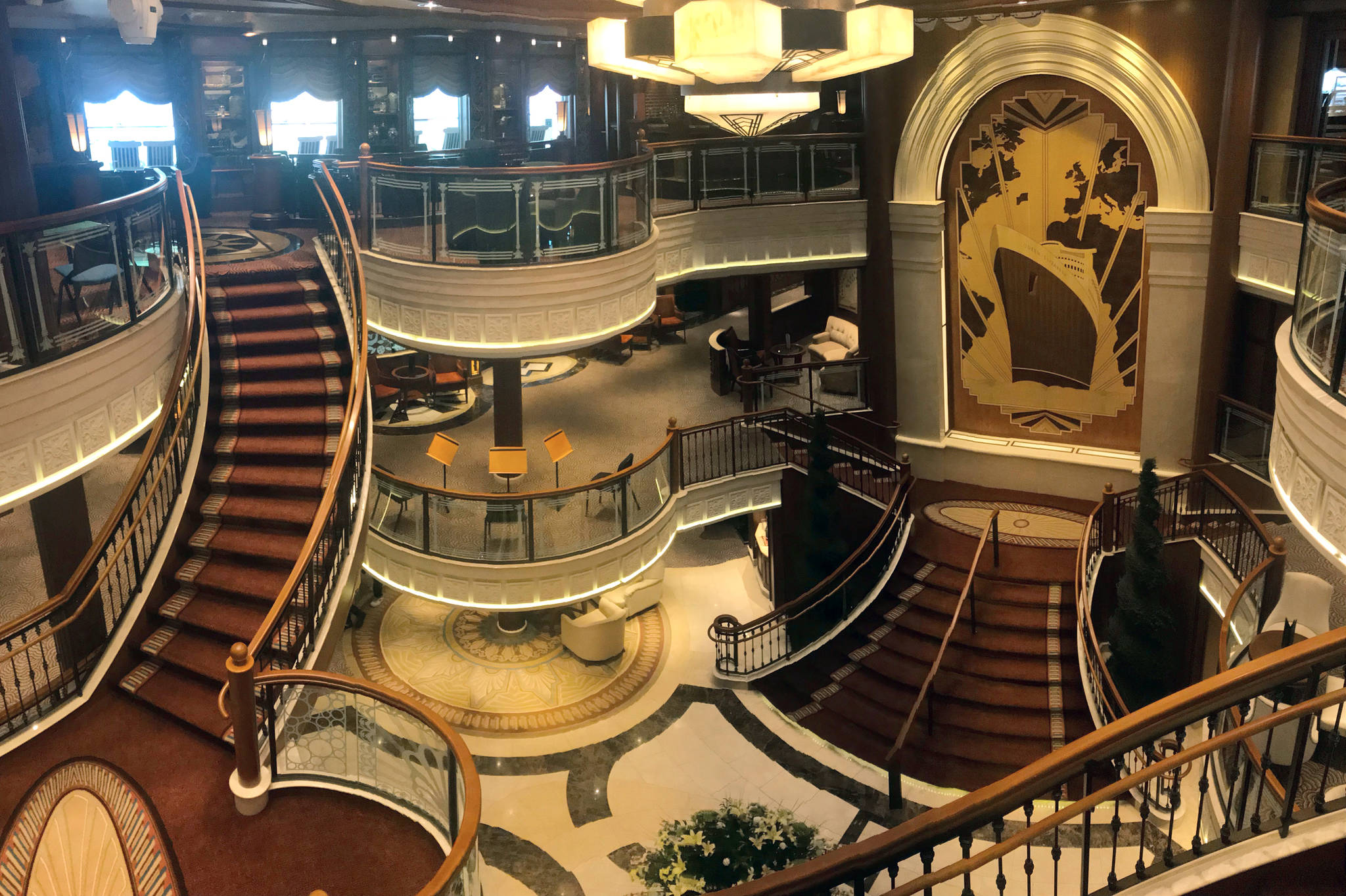 The Grand Lobby on Cunard’s Queen Elizabeth is pictured on Saturday, May 18, 2019. (Alex McCarthy | Juneau Empire)