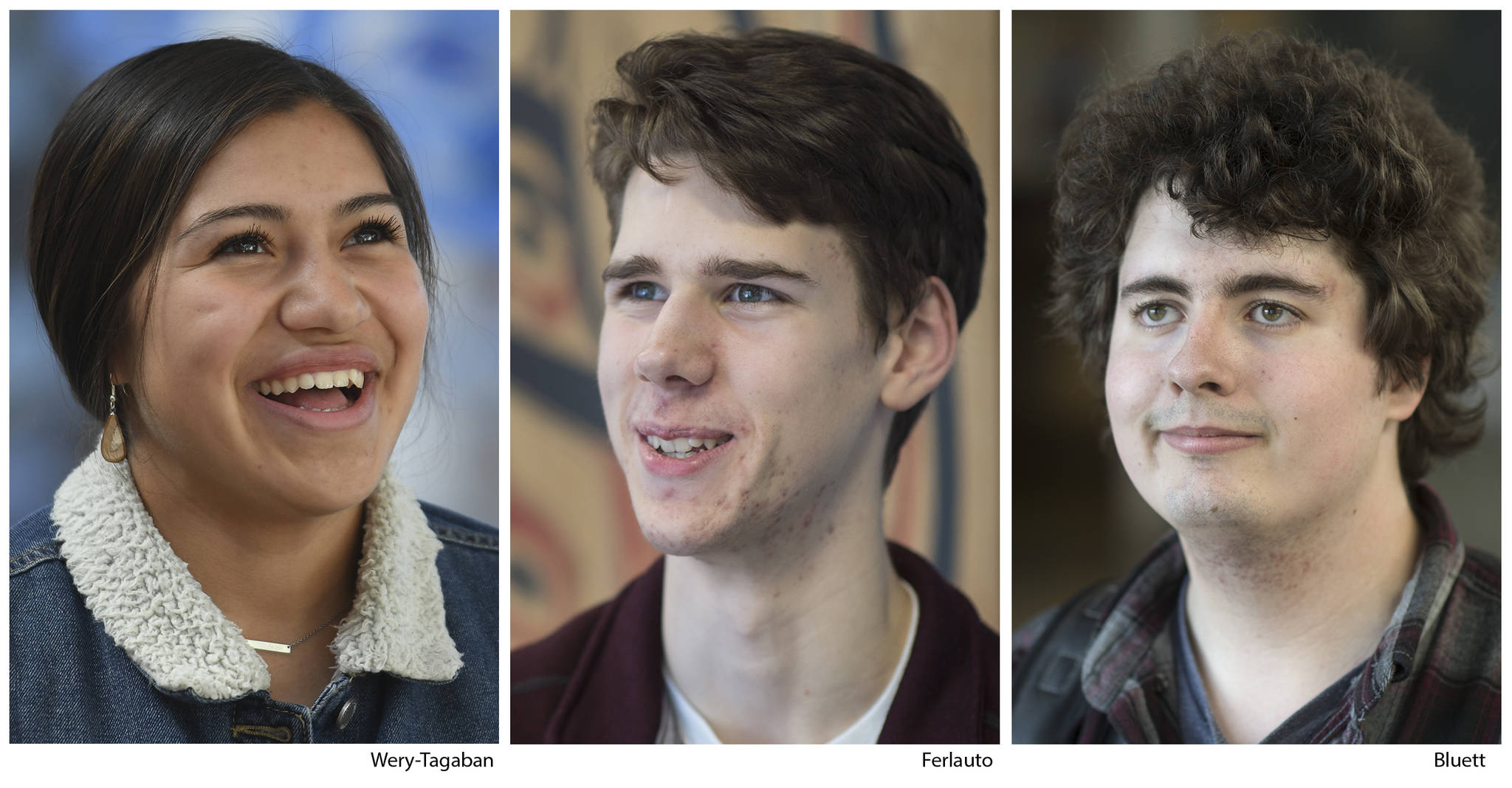 Bailey Wery Tagaban, left, Thomas Ferlauto, center, and Jordan Bluett are graduating from high school this week. (Michael Penn | Juneau Empire)