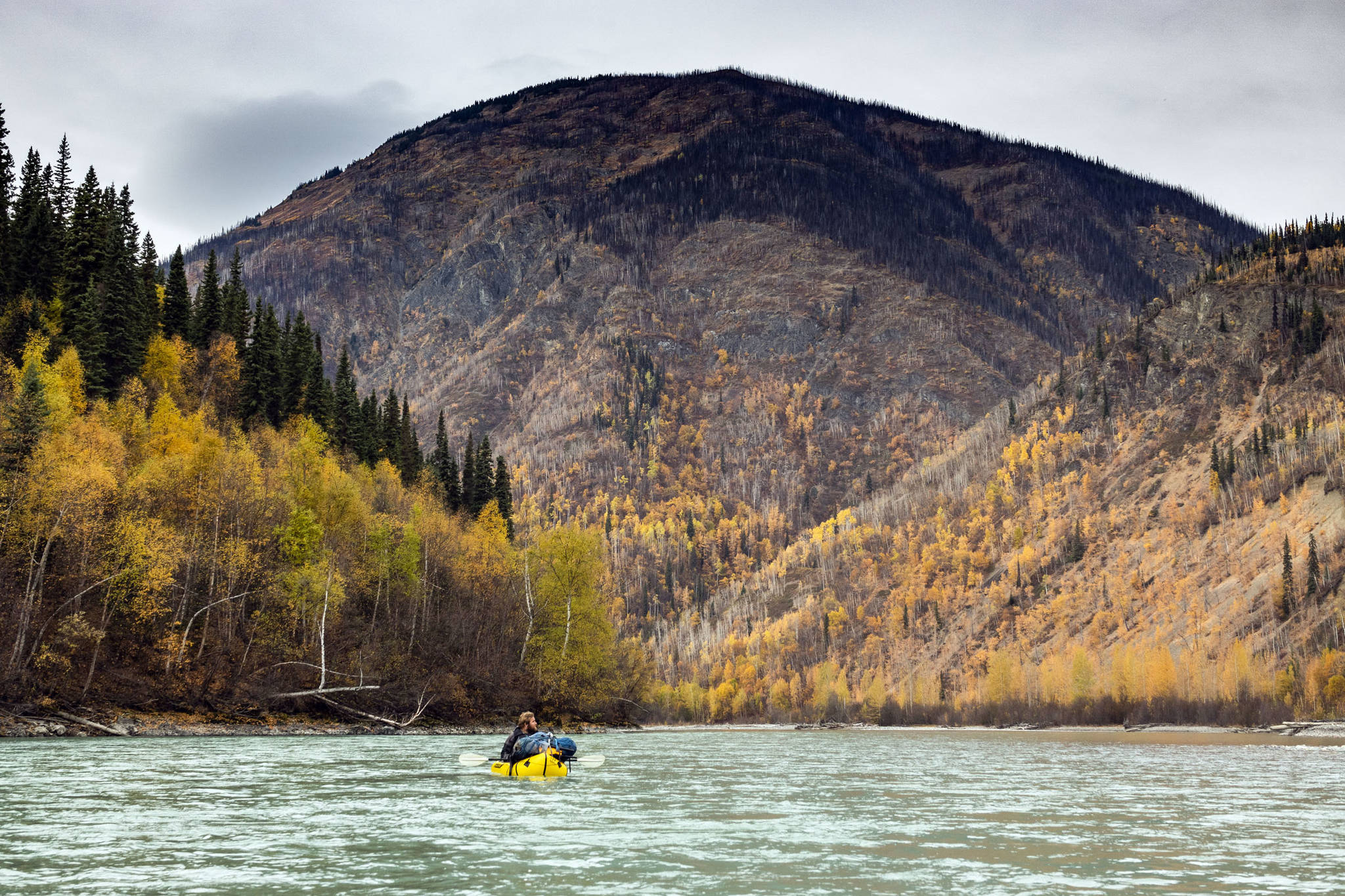 In this October 2018 photo, Bjorn Dihle takes in the fall colors while packrafting the Inklin River in British Columbia, Canada. (Courtesy Photo | Chris Miller)