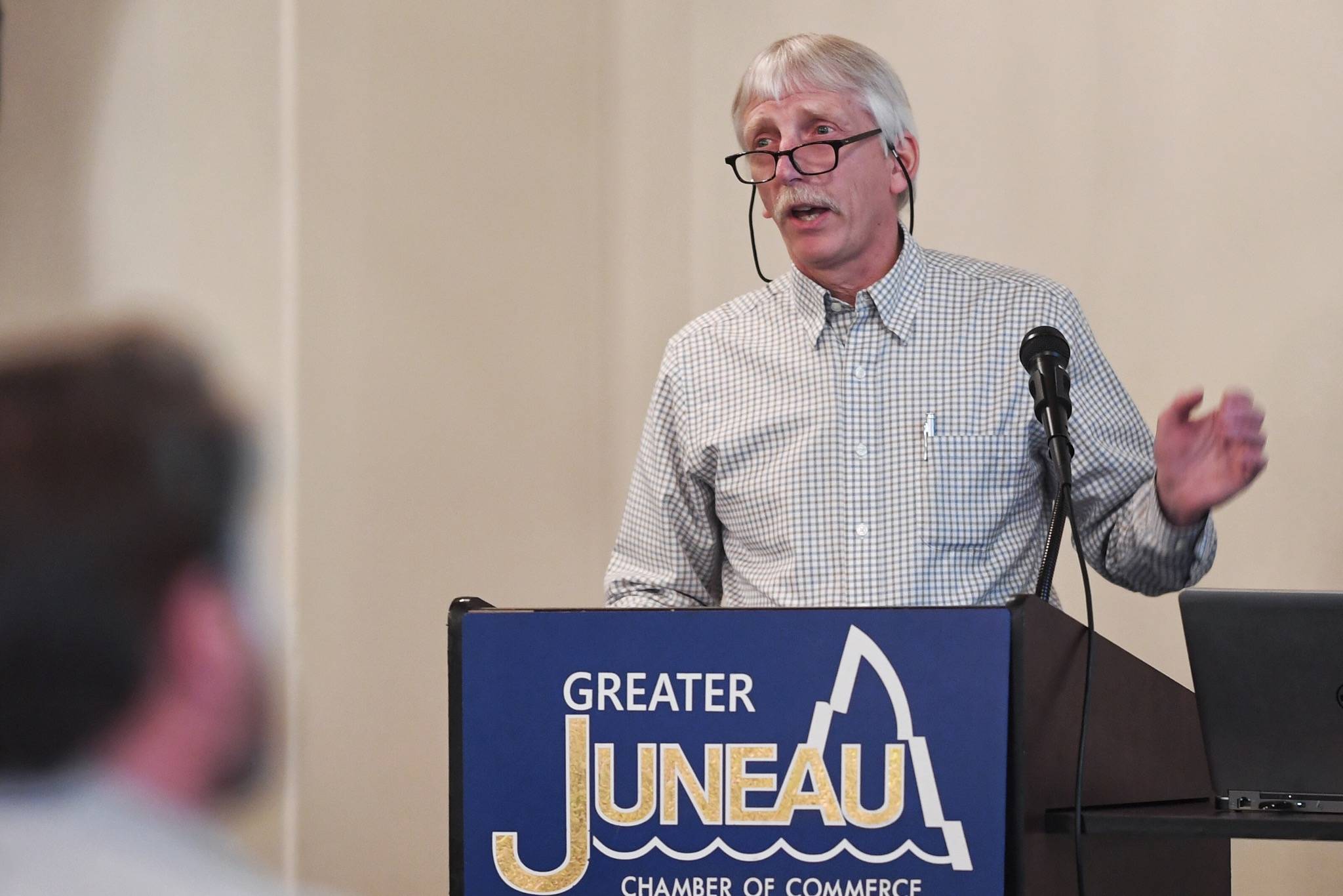 CBJ Finance Director Bob Bartholomew speaks to the Juneau Chamber of Commerce during its weekly luncheon at the Moose Lodge on Thursday, May 23, 2019. (Michael Penn | Juneau Empire)