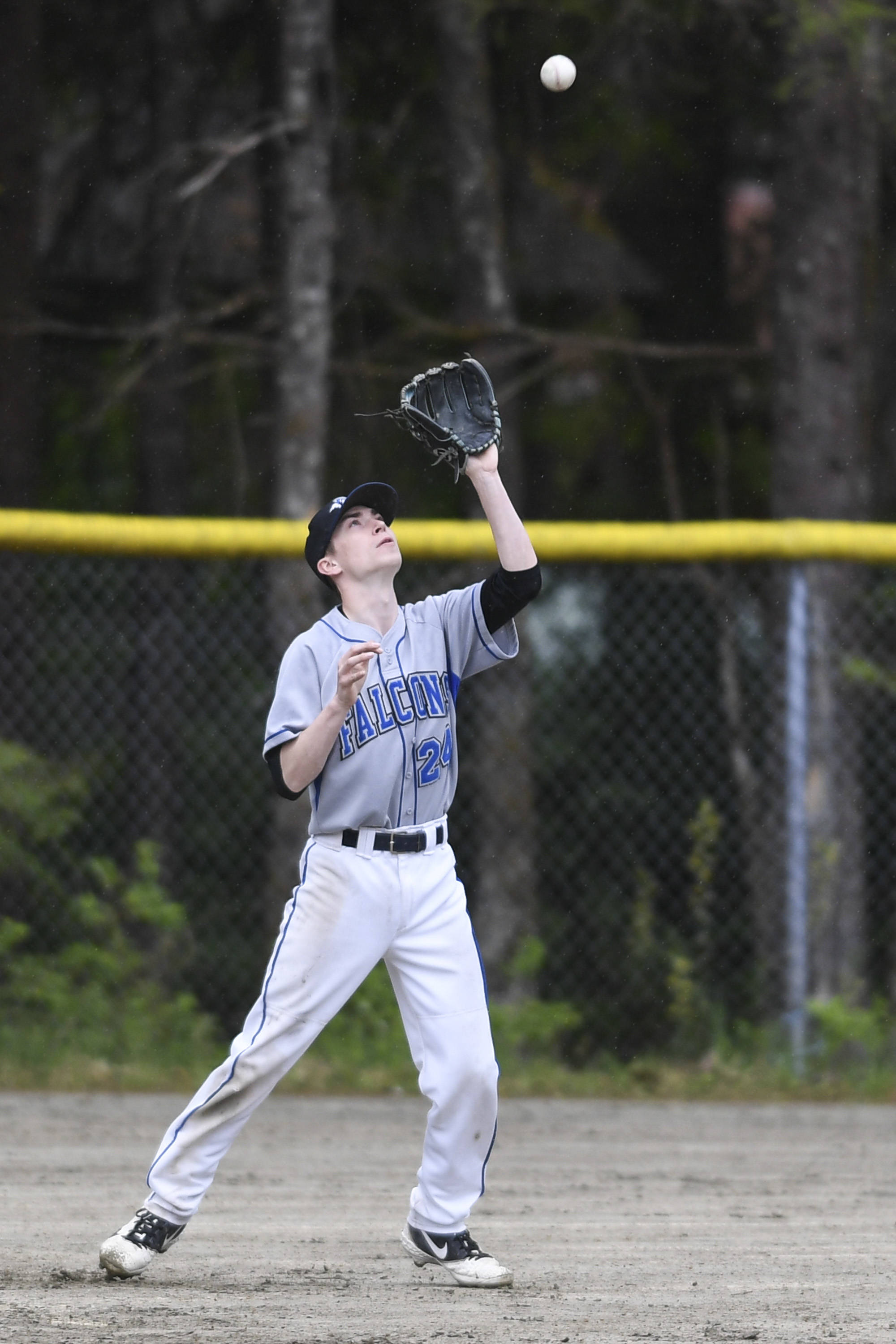 Thunder Mountain’s Josh Carte catches a flyball against Petersburg during the Region V Baseball Championship at Adair-Kennedy Memorial Park on Thursday, May 23, 2019. Petersburg won 4-1. (Michael Penn | Juneau Empire)