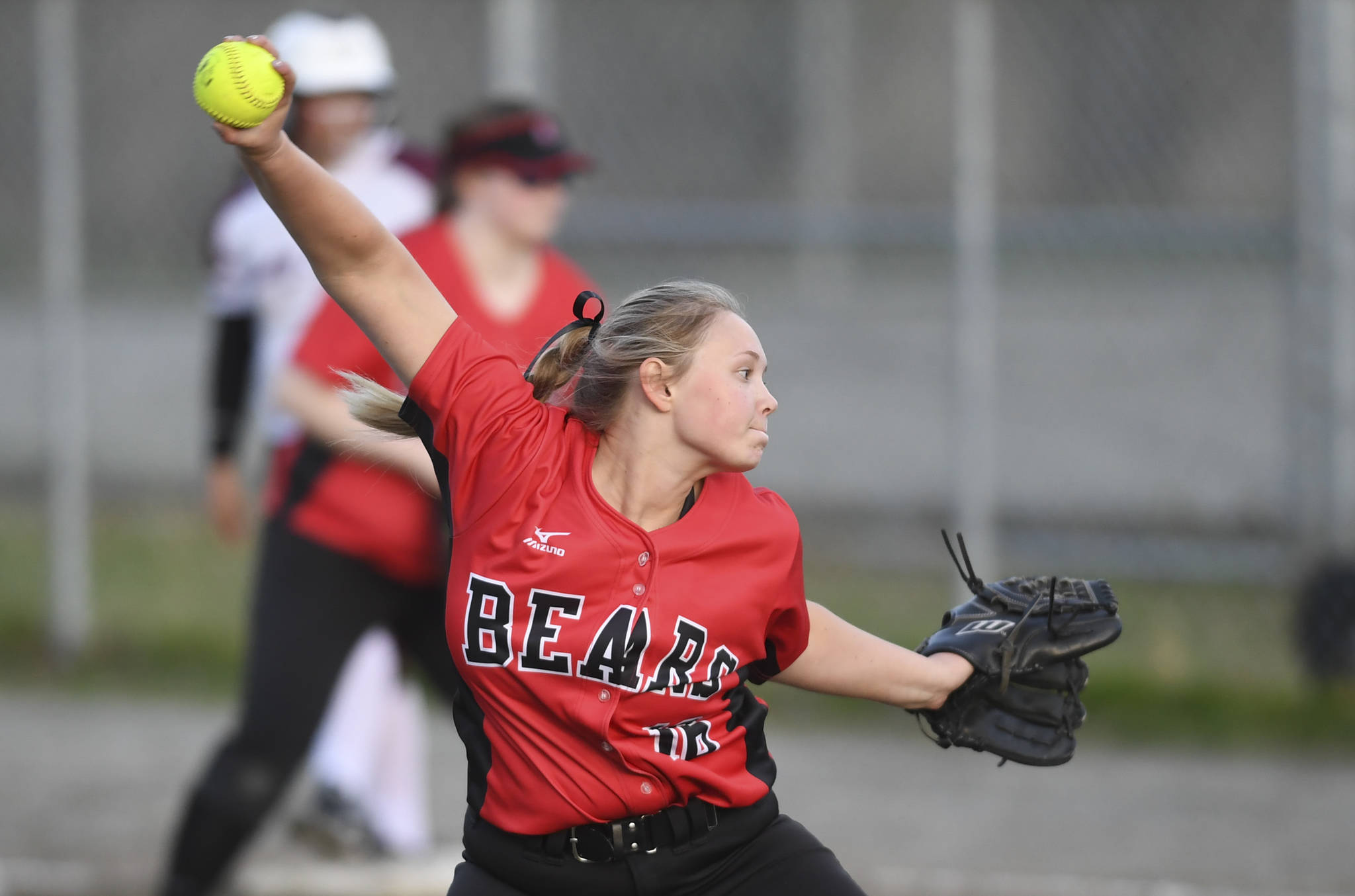 Juneau-Douglas’ Sophia Schauwecker pitches against Ketchikan in the four inning at Melvin Park on Thursday, May 9, 2019. Ketchikan won 13-0. (Michael Penn | Juneau Empire File)