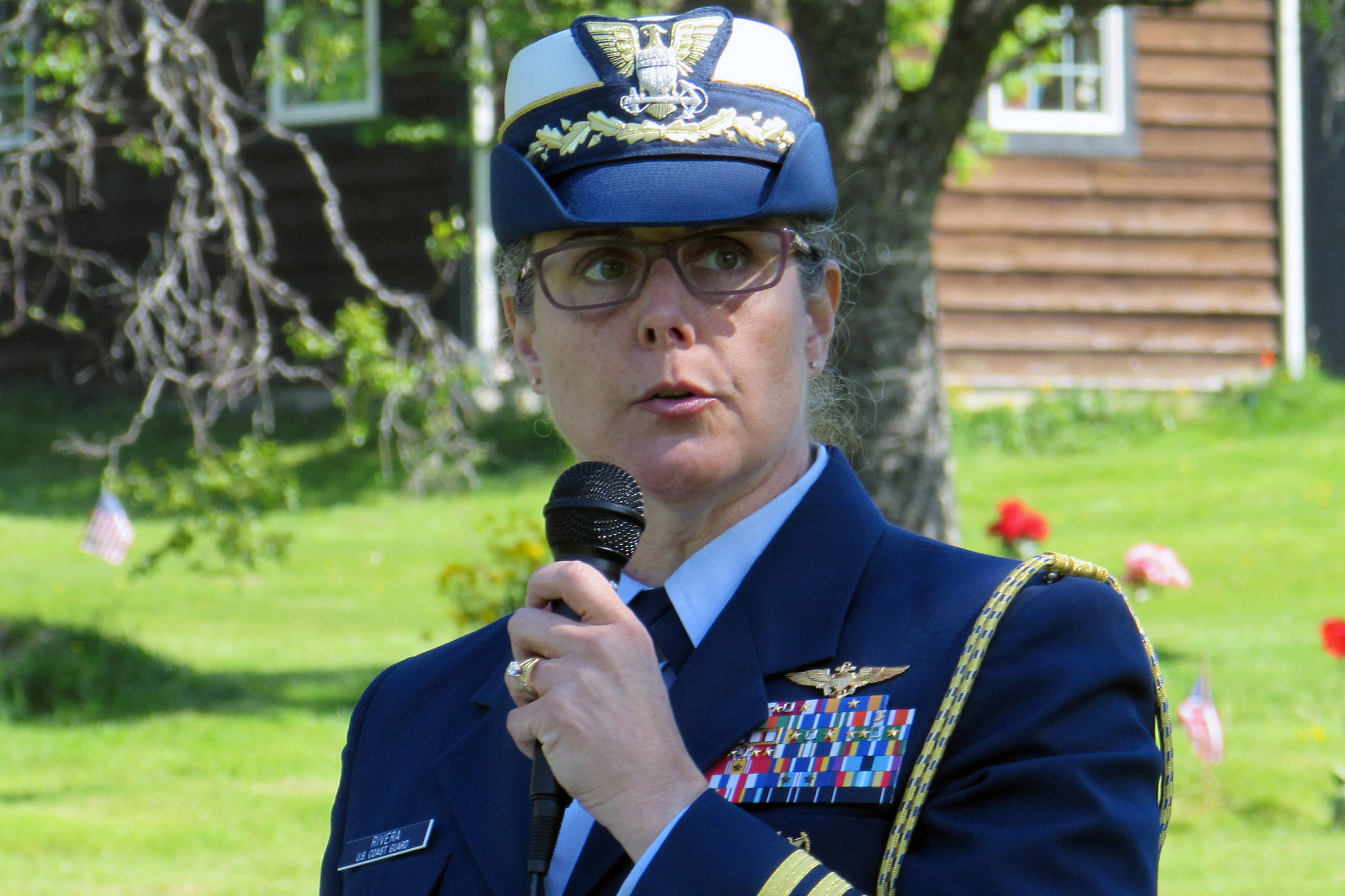 Coast Guard Capt. Melissa Rivera, Chief of Staff for the 17th District, speaks during a Memorial Day Ceremony held at Evergreen Cemetery, Monday, May 27. (Ben Hohenstatt | Juneau Empire)