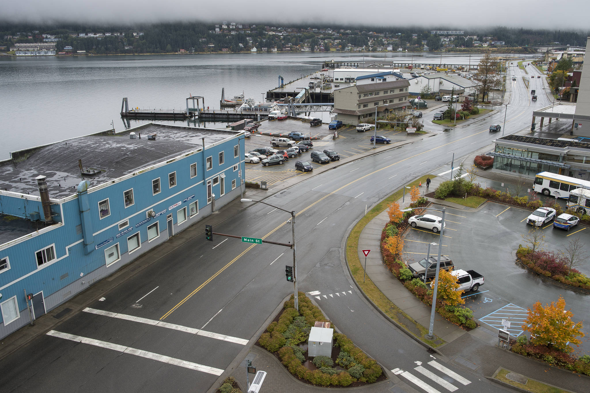 A view of Egan Drive where it connects with Main Street on Thursday, Oct. 11, 2018. The state is in the process of receiving bids for the reconstruction of the road from Main Street to 10th Street. (Michael Penn | Juneau Empire File)