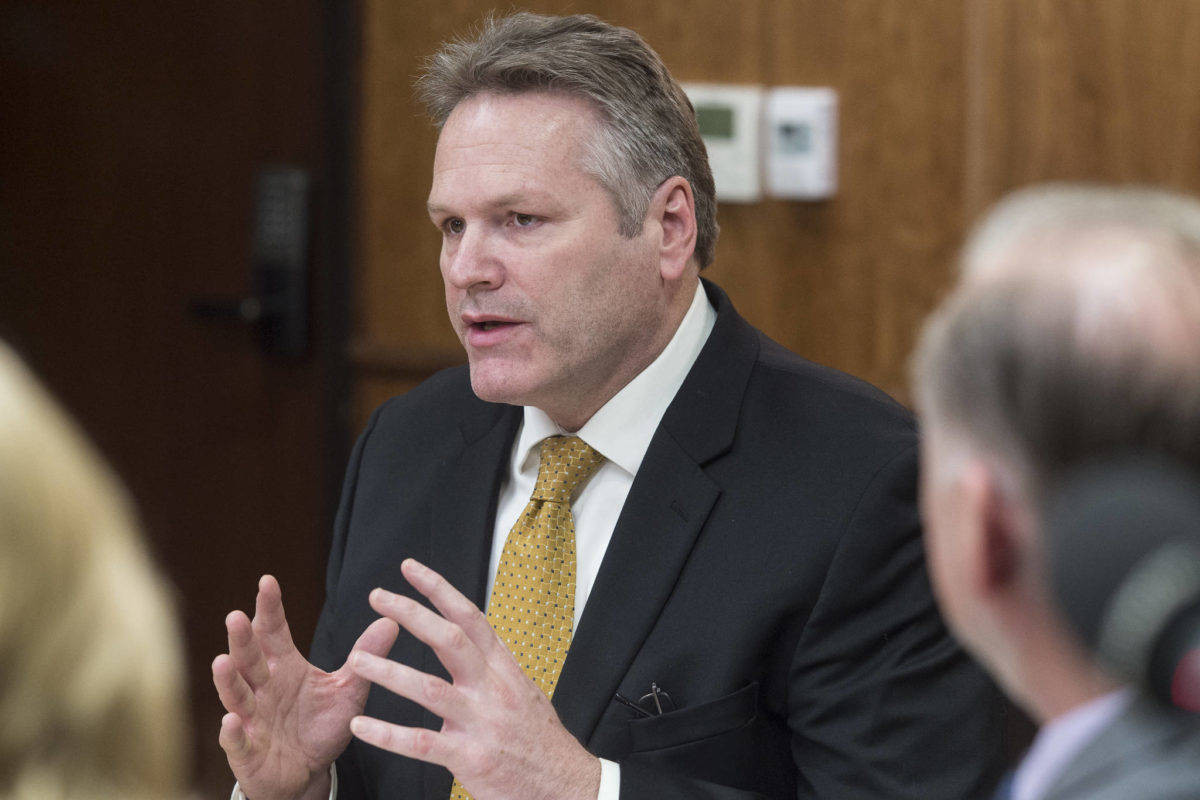 Gov. Mike Dunleavy speaks with his cabinet members at the Capitol on Tuesday, Jan. 8, 2019. (Michael Penn | Juneau Empire File)