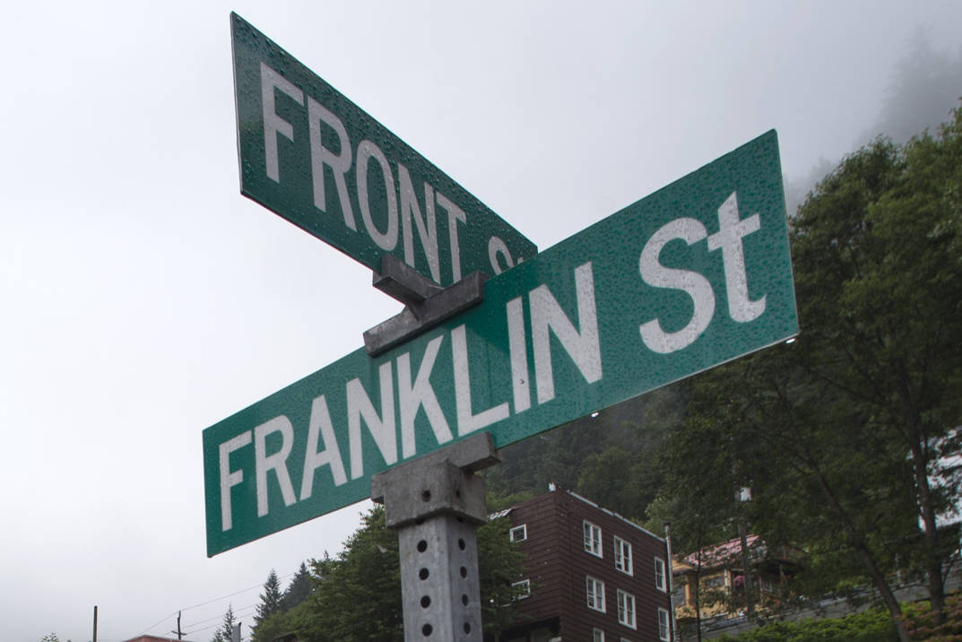 The sign at the corner of Franklin and Front Street is pictured on Thursday, August 2, 2018. (Juneau Empire File)