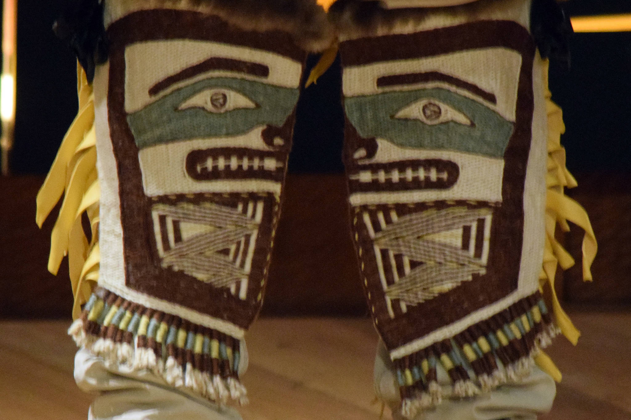 Chilkat dance leggings made by weavers Anastasia Shaawaat Ku Gei Hobson-George and Lily Hope were the subject of a presentation Friday, May 31, 2019. (Ben Hohenstatt | Juneau Empire)