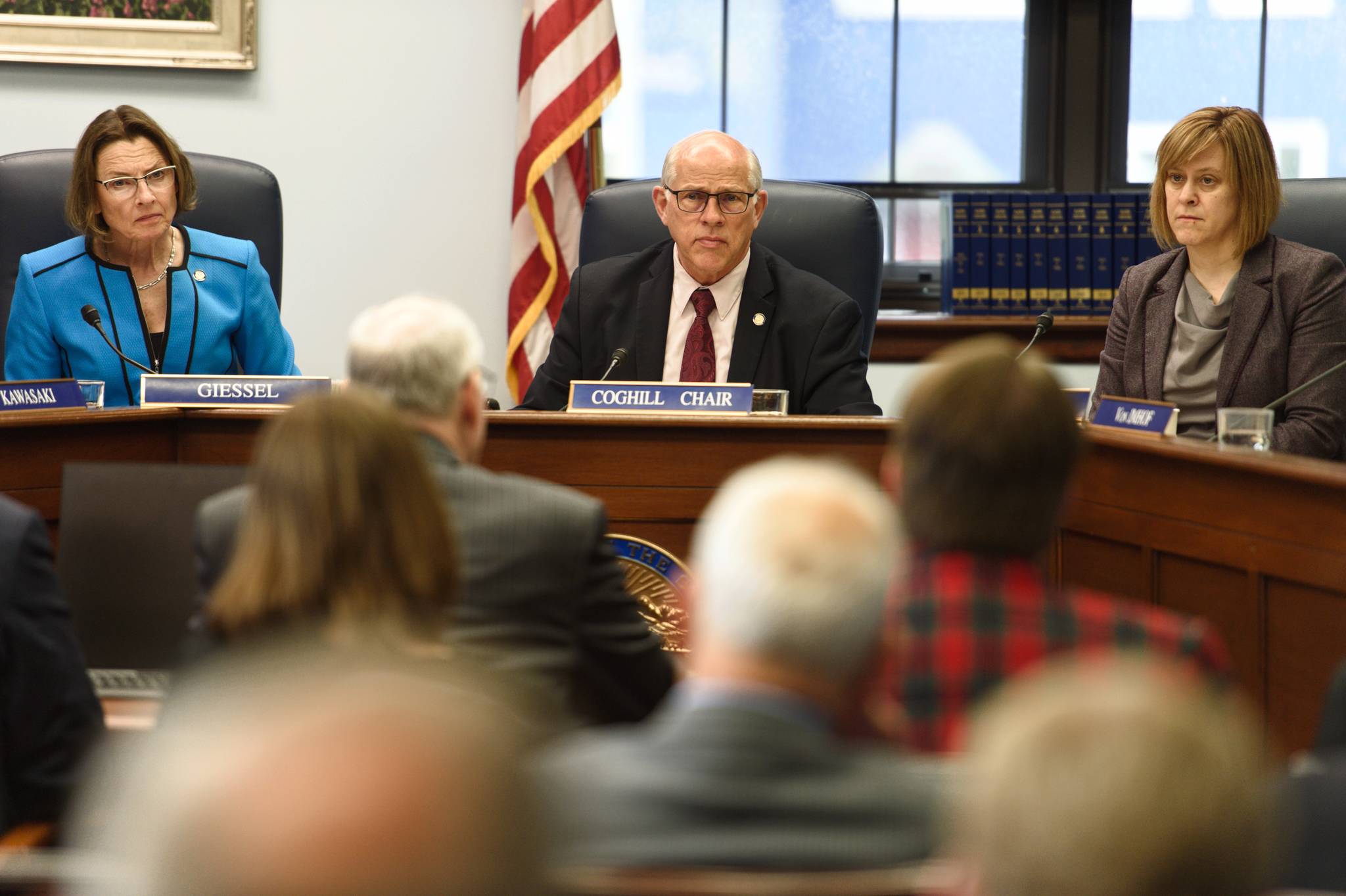 Sen. Cathy Giessel, R-Anchorage, left, Sen. John Coghill, R-North Pole, center, and Sen. Mia Costello, R-Anchorage, listen to Sen. Bert Stedman, R-Sitka, present SB 1002, a bill to provide a Permanent Fund Dividend of $1,600, to the Senate Rules Committee at the Capitol on Monday, June 3, 2019. (Michael Penn | Juneau Empire)