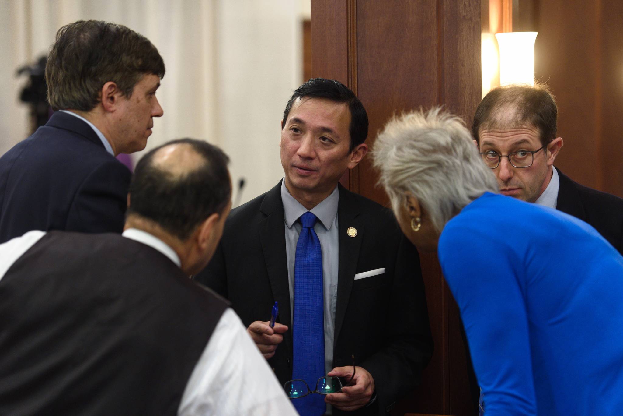 Senate Minority members caucus during debate on the size of the Alaska Permanent Fund dividend in the Senate on Tuesday, June 4, 2019. (Michael Penn | Juneau Empire)