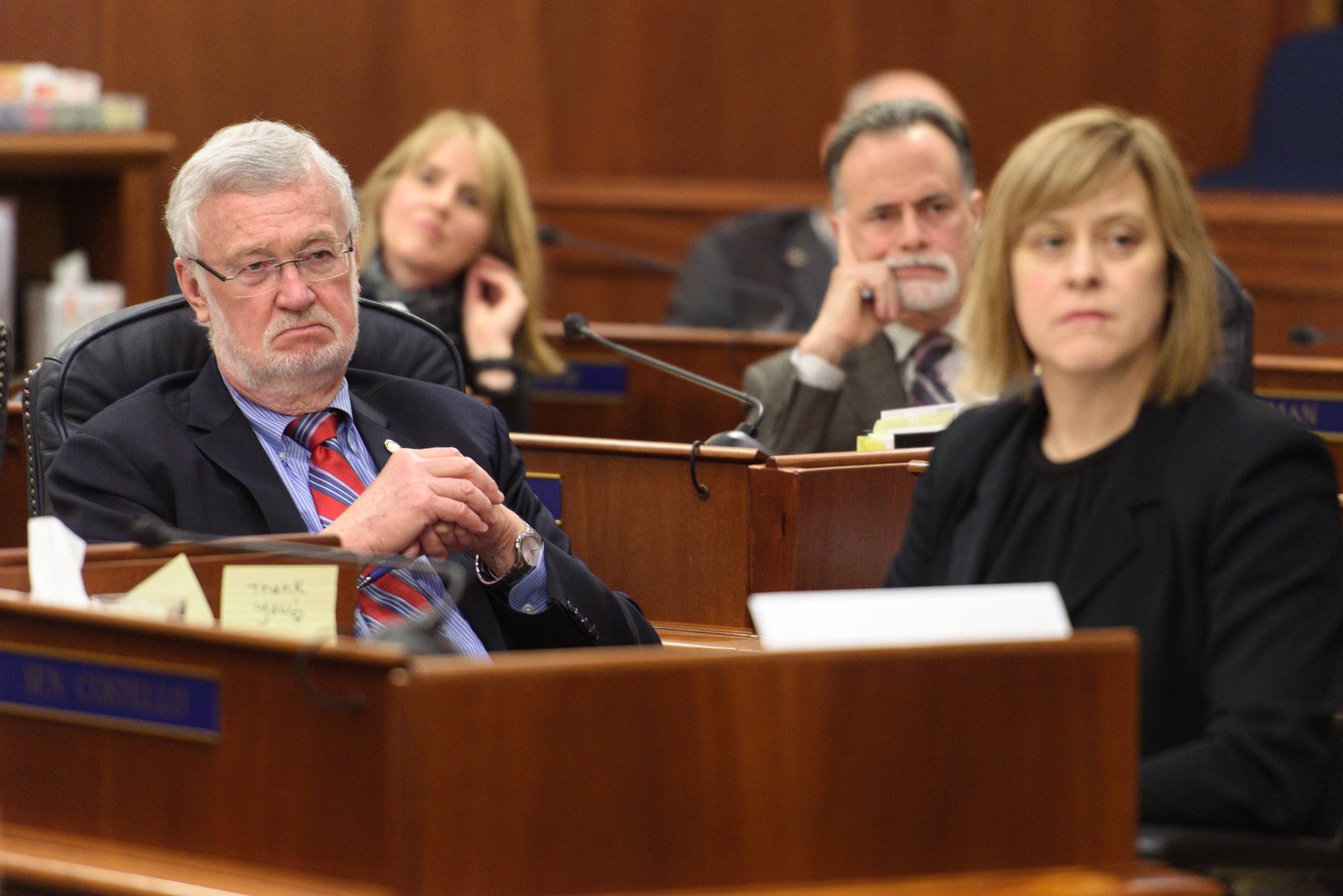 Senators listen to debate on whether to pay a full dividend during debate on the size of the Alaska Permanent Fund Dividend in the Alaska Senate on Tuesday, June 4, 2019. (Michael Penn | Juneau Empire)