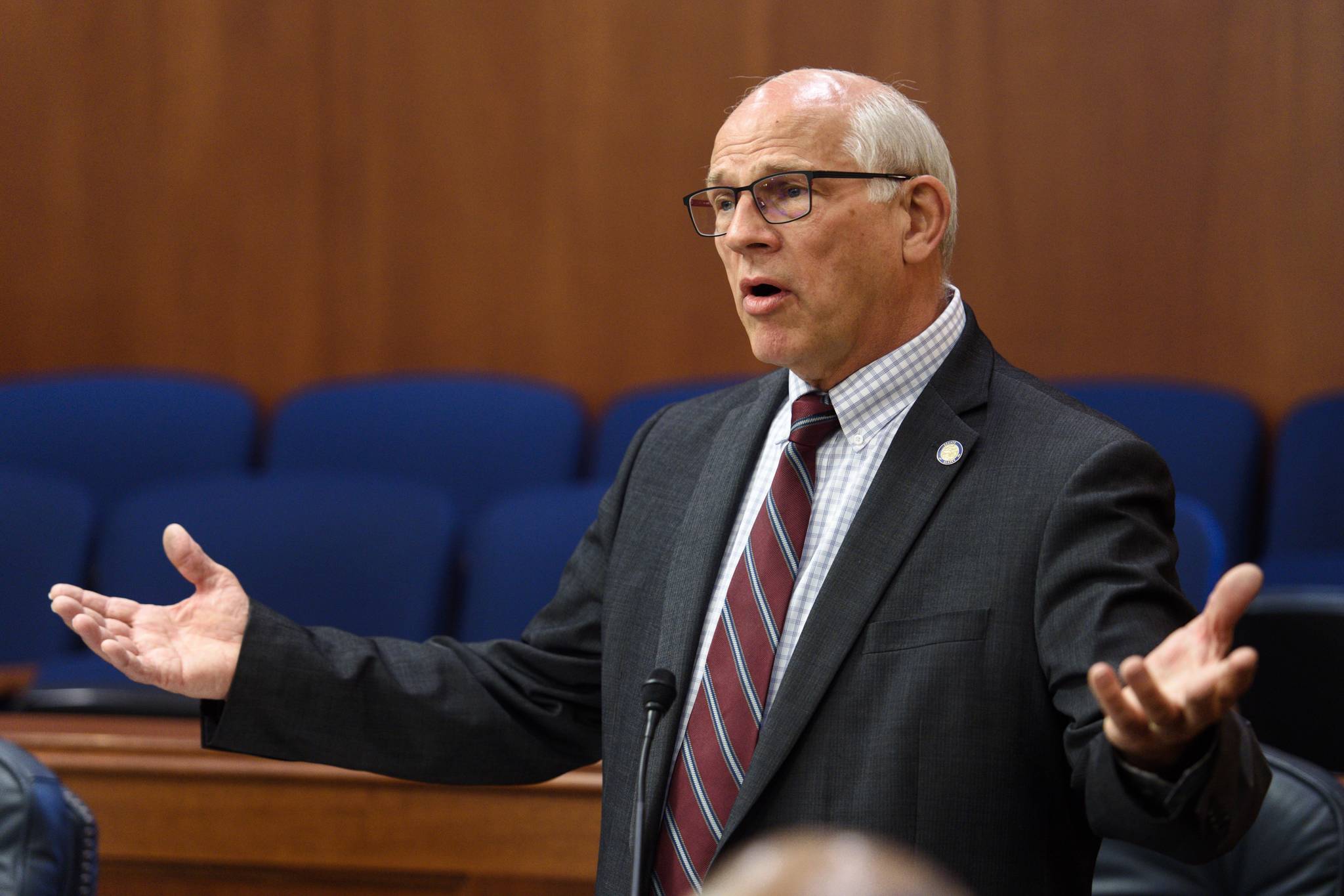 Sen. John Coghill, R-North Pole, speaks against paying a full dividend during debate on the size of the Alaska Permanent Fund Dividend in the Alaska Senate on Tuesday, June 4, 2019. (Michael Penn | Juneau Empire)