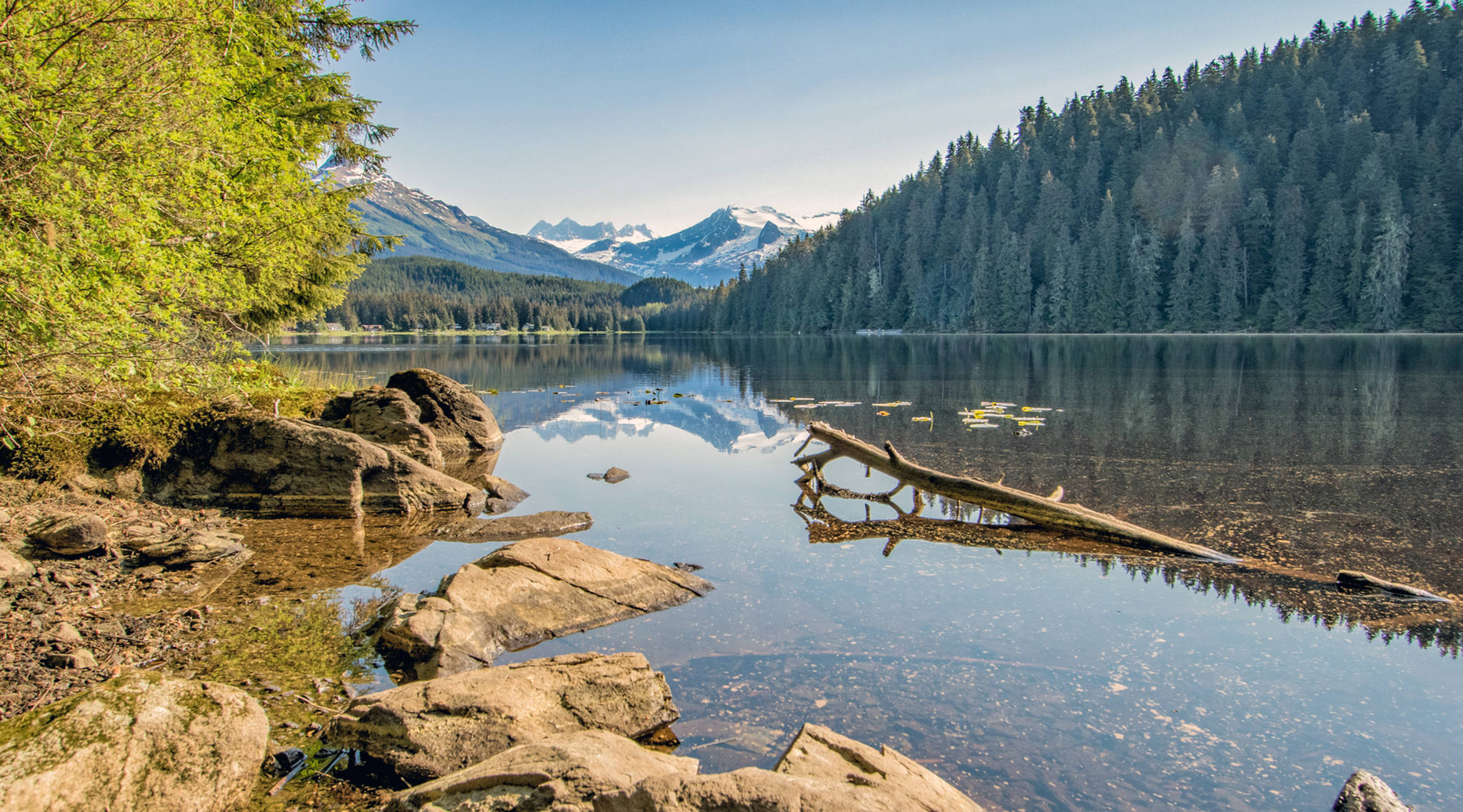 The mountains and trees reflect in Auke Lake on May 25, 2019. (Courtesy Photo | Kerry Howard)