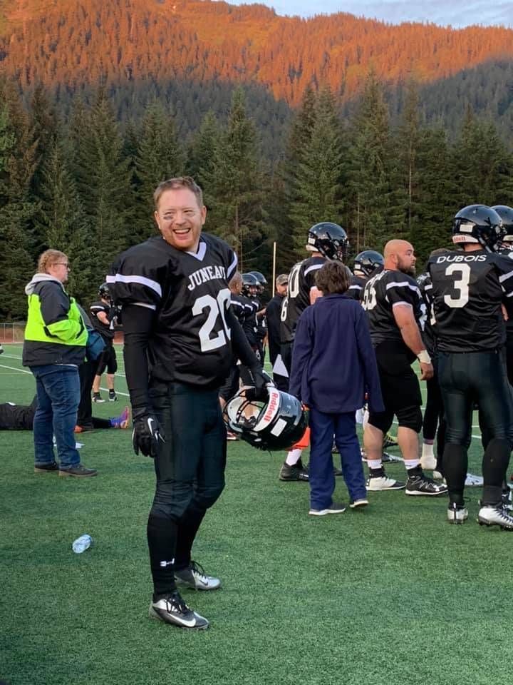 Legends’ Willy Dodd enjoys a lighter moment during the Juneau Alumni Football Game on Friday, May 24, 2019. Dodd was one of about six JDHS football alumni who solicited donations to purchase 40 helmets that will be donated to the high school program. (Courtesy Photo | Sara Dodd)