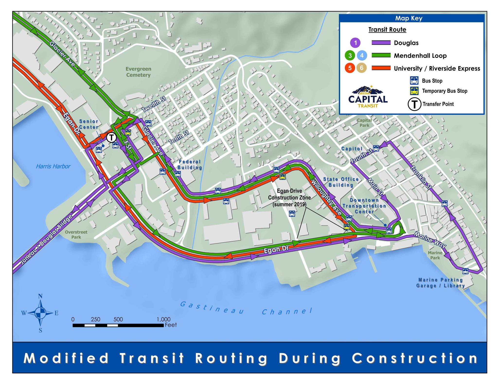 This map shows changes to Capital Transit routes during construction. (Courtesy photo | City and Borough of Juneau)